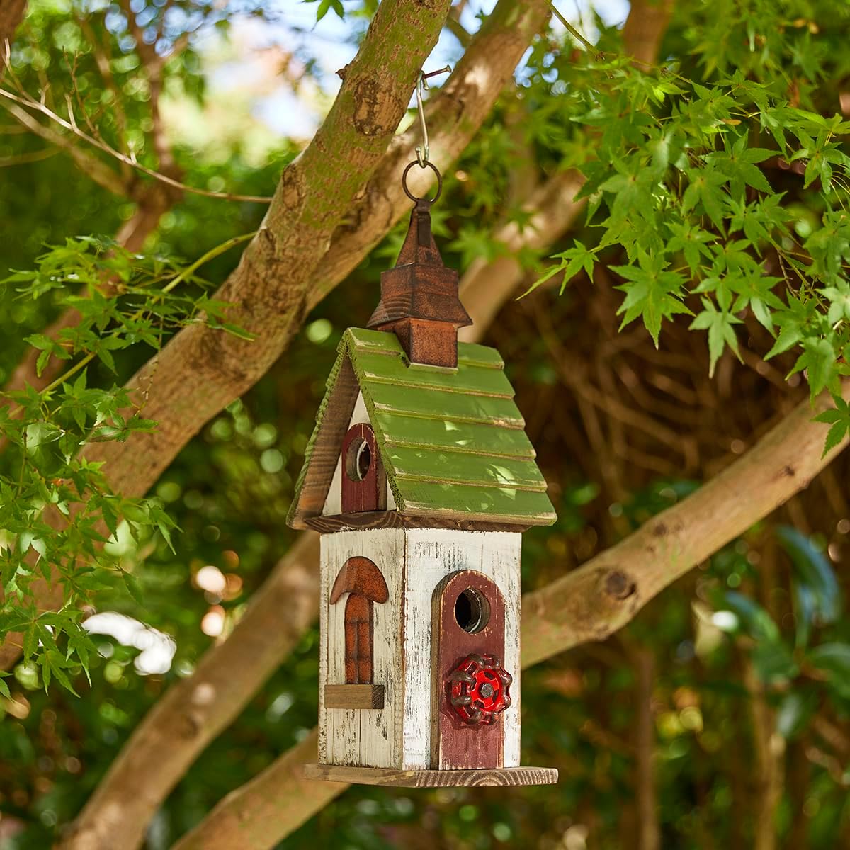 Glitzhome Bird Houses for Outside,10" H Rustic Wooden Bird House Garden Distressed Decorative Birdhouse for Outdoors, Hanging Birdhouse for Bluebird Hummingbird Wren Finch Cardinals Cedar