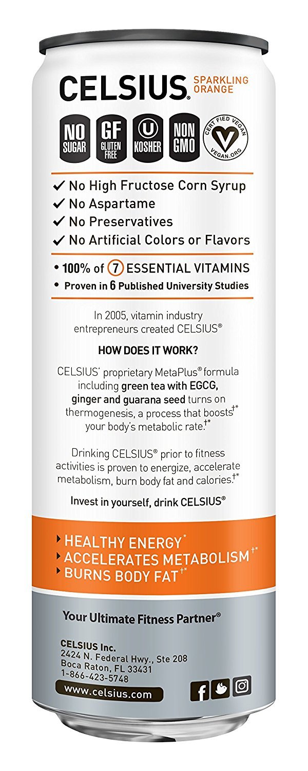 CELSIUS Sparkling Orange, Sugar Free Energy Drink, 12 Fl Oz (Pack of 4)