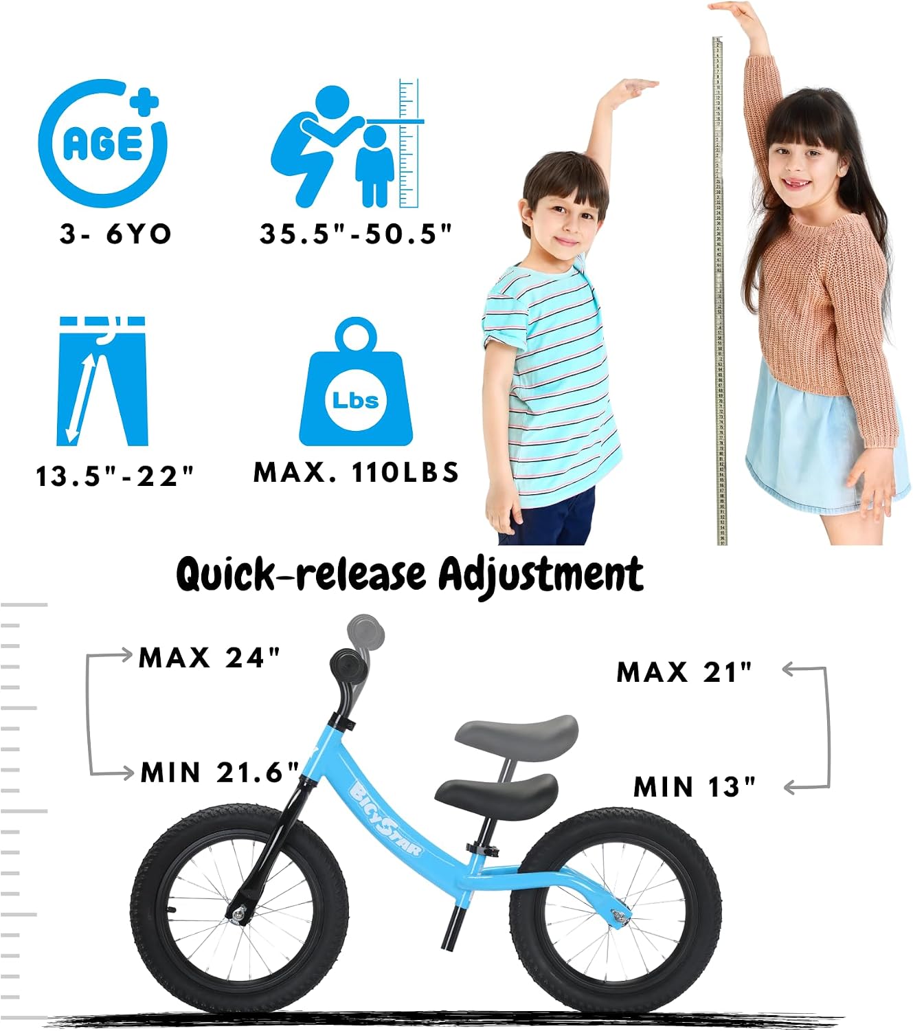 bicystar 14 Inch Balance Bike for Kids 3-5 with Rubber Air Tires, White | lightweight frame, adjustable seat & handlebar, easy assembly, outdoor riding, footrest, no pedals