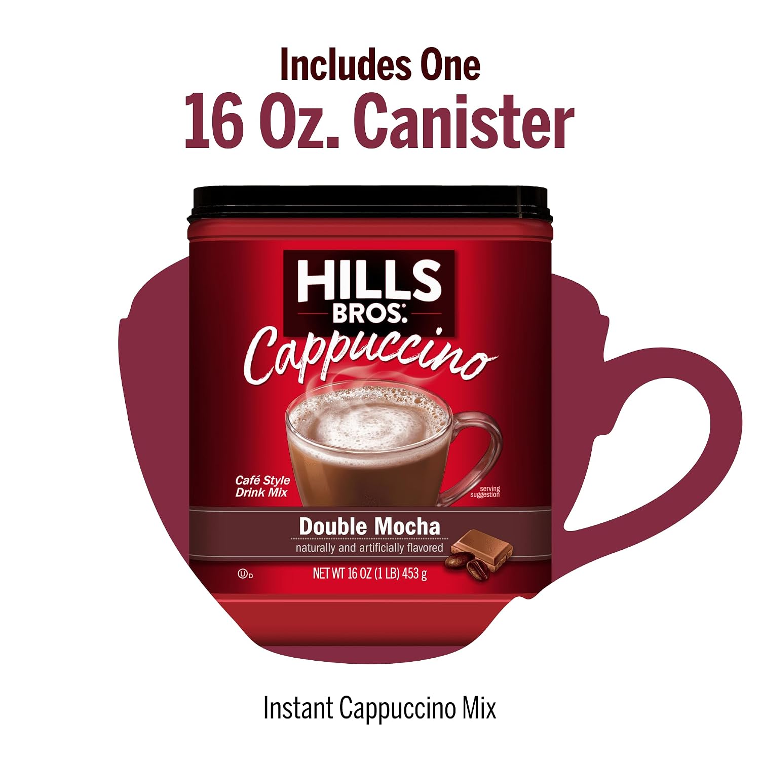 Hills Bros. Cappuccino Mix – Rich, Frothy Coffeehouse-Tasting Instant Drink Mix – Quick and Easy Preparation – Perfect for Hot & Iced Drinks & Creaming Coffee – Double Mocha, 1 Pack of 16oz