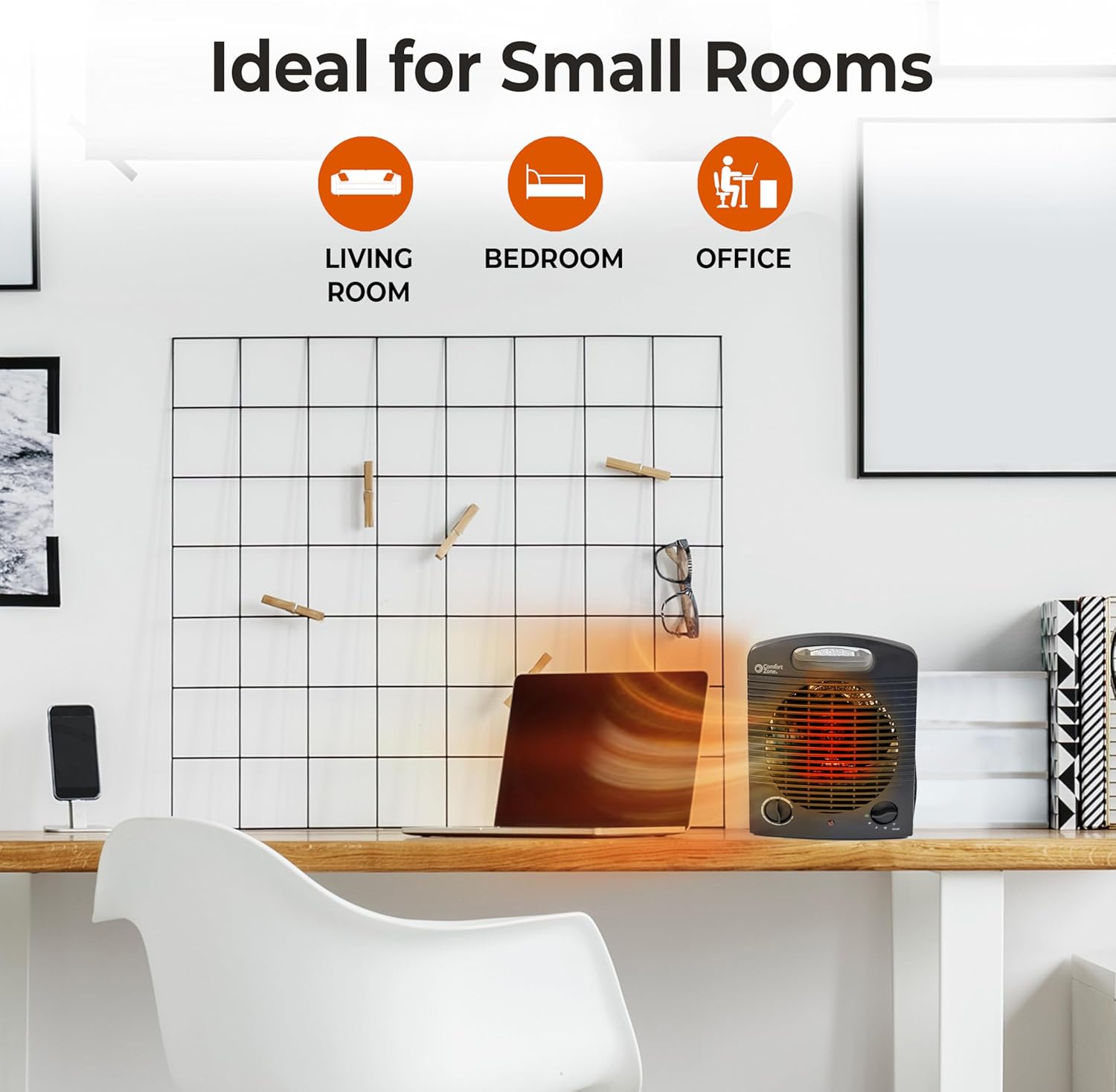 Comfort Zone Indoor Space Heater, Portable, Fan Forced, Electric, Adjustable Thermostat, Overheat Sensor, Safety Tip-Over Switch, & Stay Cool Housing