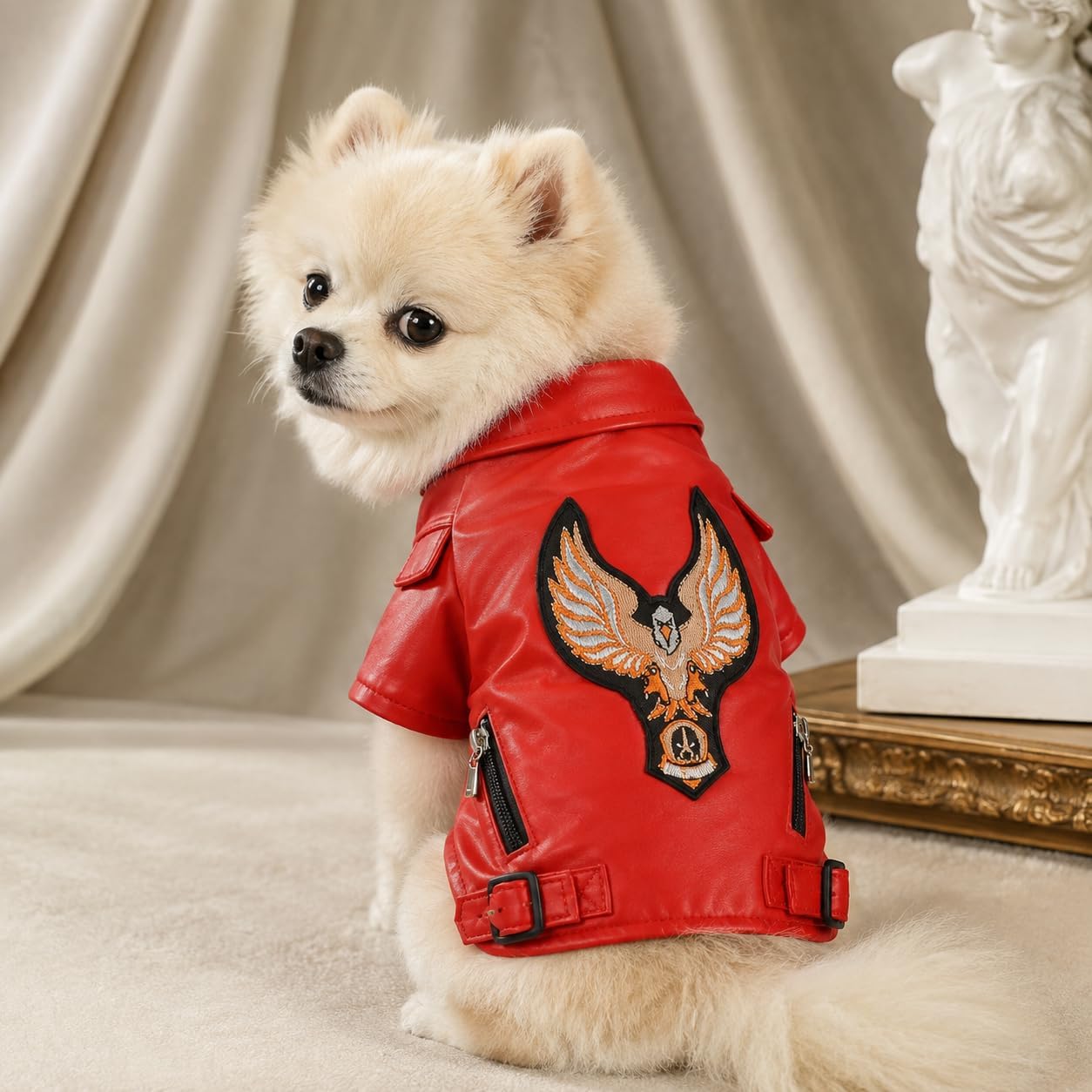 Lovelonglong Cool Dog Leather Jacket, Warm Coats Dogs Windproof Cold Weather Coats for Large Medium Small Dogs with Eagle Embroidery Black XS