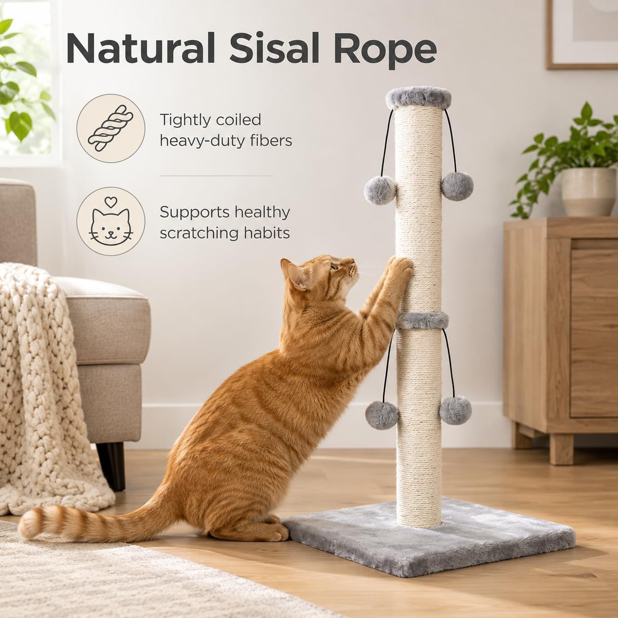 Dimaka 29'' Cat Scratching Post, Natural Sisal Rope Scratcher Post, Kitten Claw Scratch with 4 DanglingToy Balls for Large Cats (Grey)