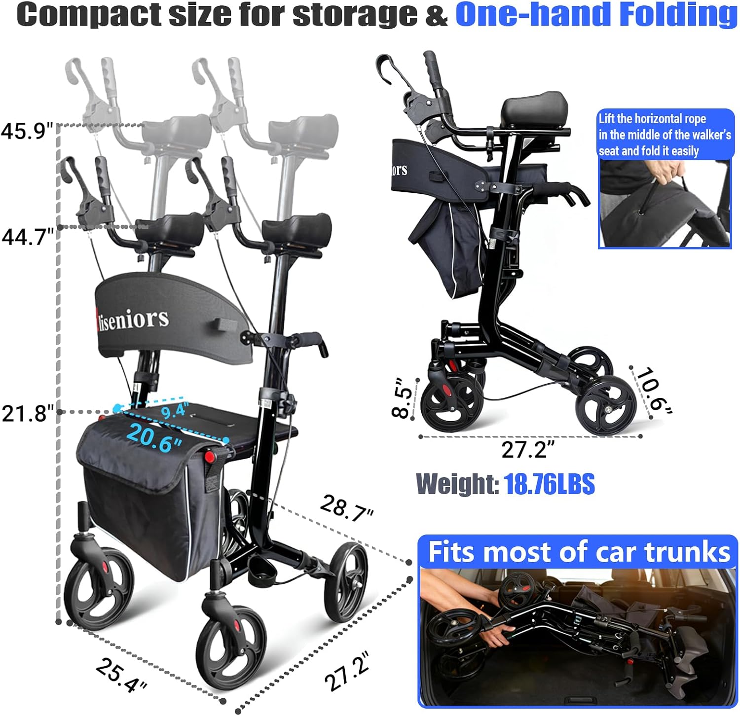 Aliseniors Upright Walker for Seniors - Big Stand Up Walker with Wide Seat, Foldable 4 Wheel All-Terrain Rolling Walker, Adjustable Armrests, 300lbs, Improves Posture & Reduces Back Strain | 20.6" Wide Seat, Foldable Rollator, 8" All-Terrain Wheels, Adju…