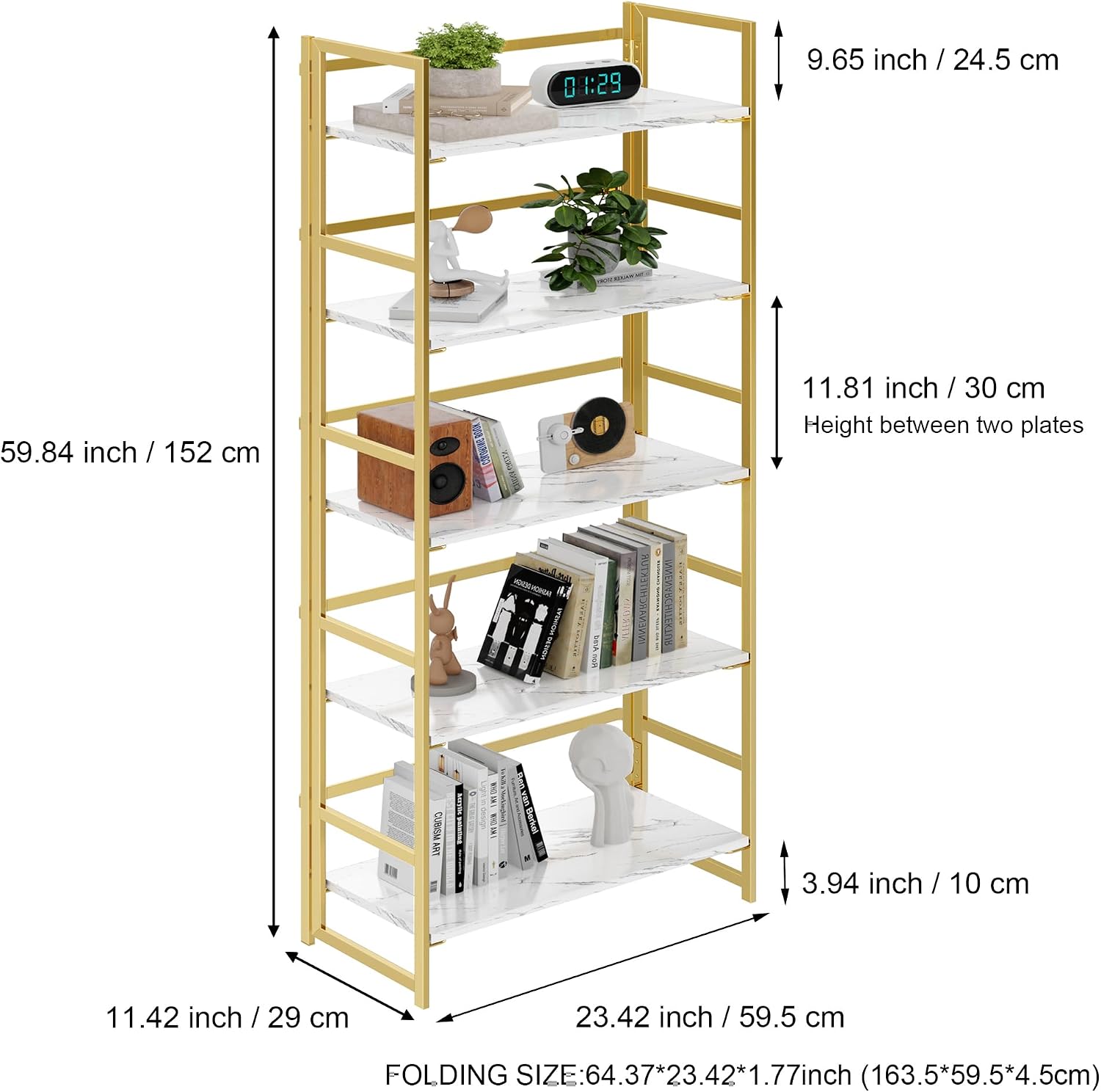 Vintage Multifunctional Folding Bookshelf, No-Assembly Plant Stand Storage Rack Shelves for Home Office (Fire, 5-Tier)
