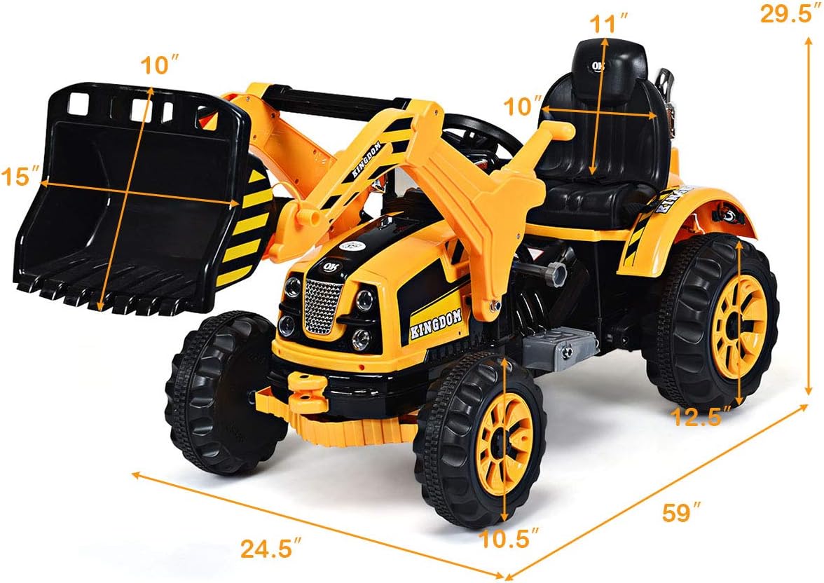 Costzon Ride on Excavator, 12V Battery Powered Construction Vehicles for Kids with Front Loader, Horn, Safety Belt, Treaded Wheels, Ride on Bulldozer Truck, Excavator Ride on Toy Gift for Boys Girls