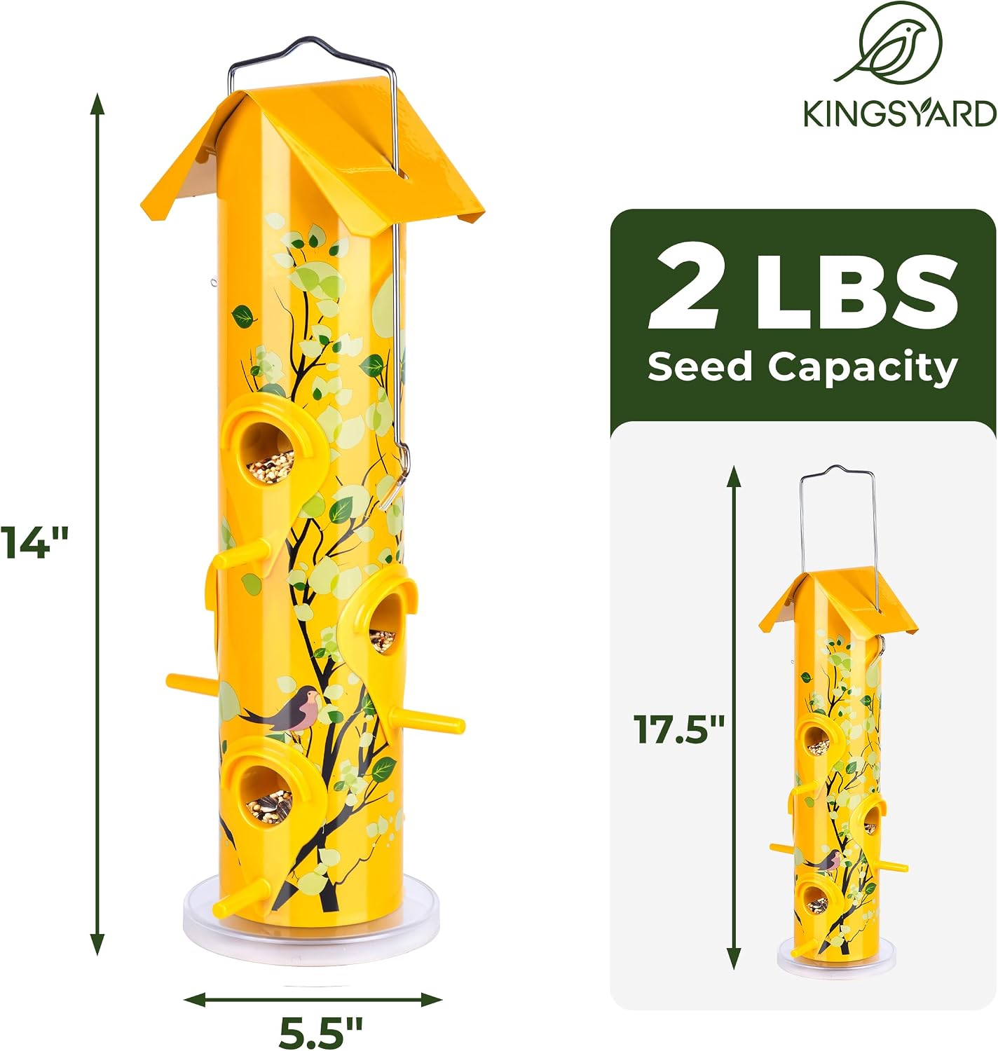 Kingsyard Metal Bird Feeders for Outdoors Hanging, Tube Bird Feeder | 14 in, 6 Feeding Ports, drainage holes, 2 lbs Seed Capacity, Weatherproof, Stays Dry & Fresh, Easy to Clean & Refill, Yellow