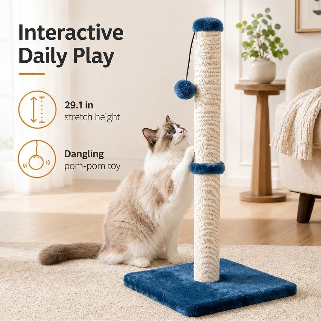 Dimaka 29" Height Tall Cat Scratching Post, Claw Scratcher with Sisal Rope and Covered with Soft Smooth Plush, Vertical Scratch [Full Strectch] for Standard Size Cats(Grey, 29 inches for All Cats)