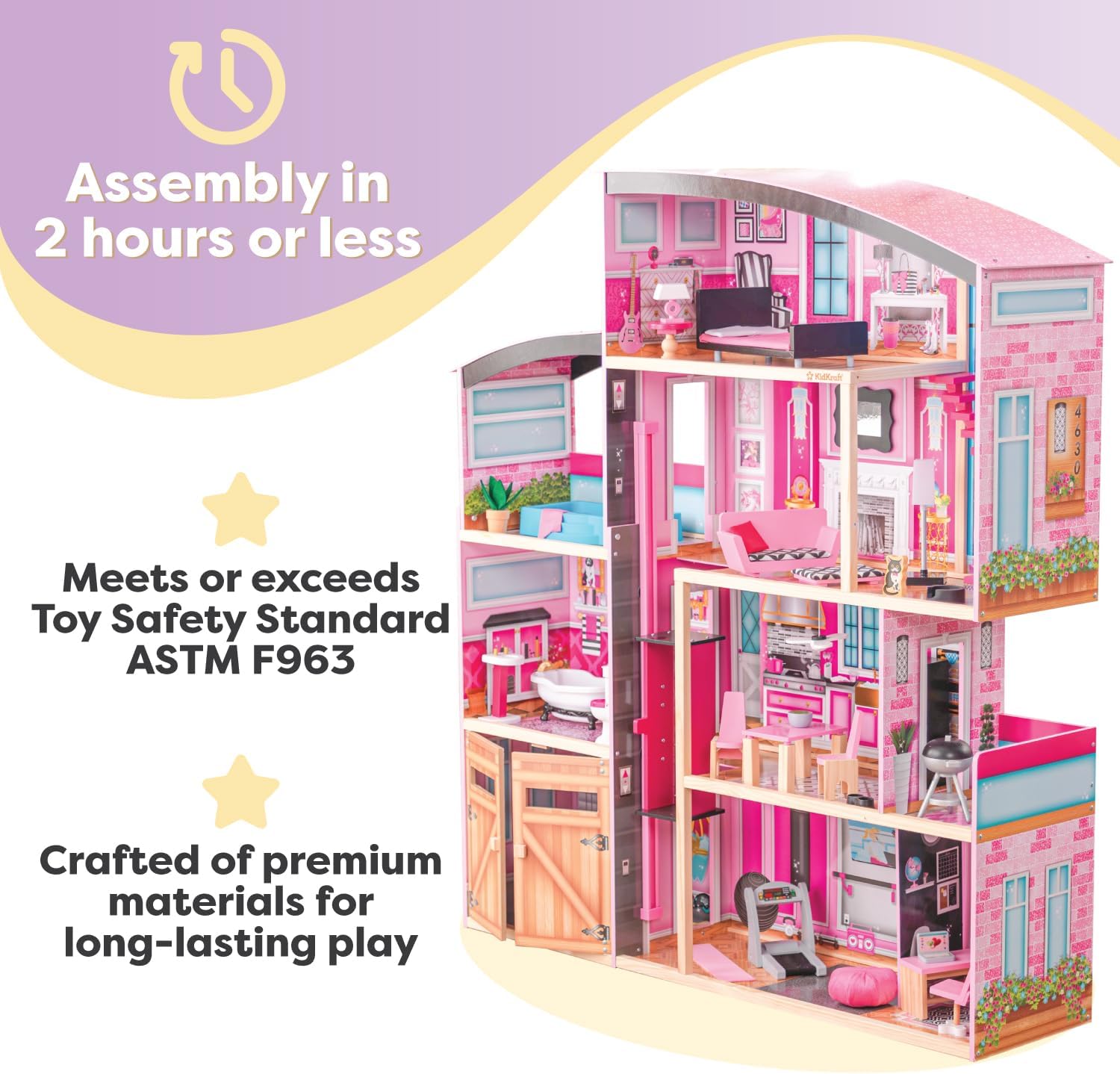 KidKraft Wooden Dollhouse Shimmer Mansion for 12" Dolls | Over 4 Feet Tall, Garage, For 12-Inch Dolls, DIY Pink Doll House, Gift for Ages 3+