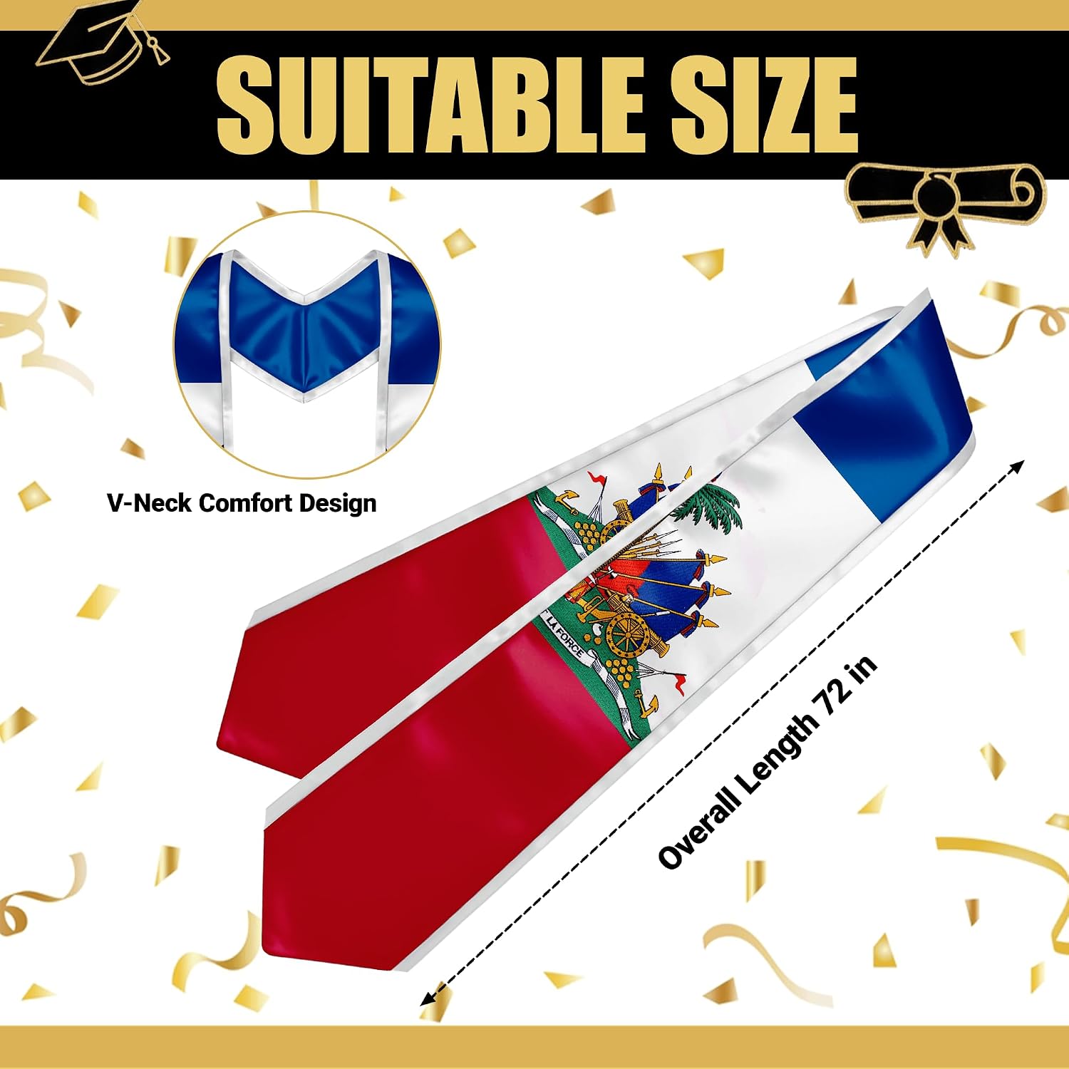 YOXEULL National Flag Embroidered Graduation Stole with Trim, Graduation Sash Graduates Gift, 72"