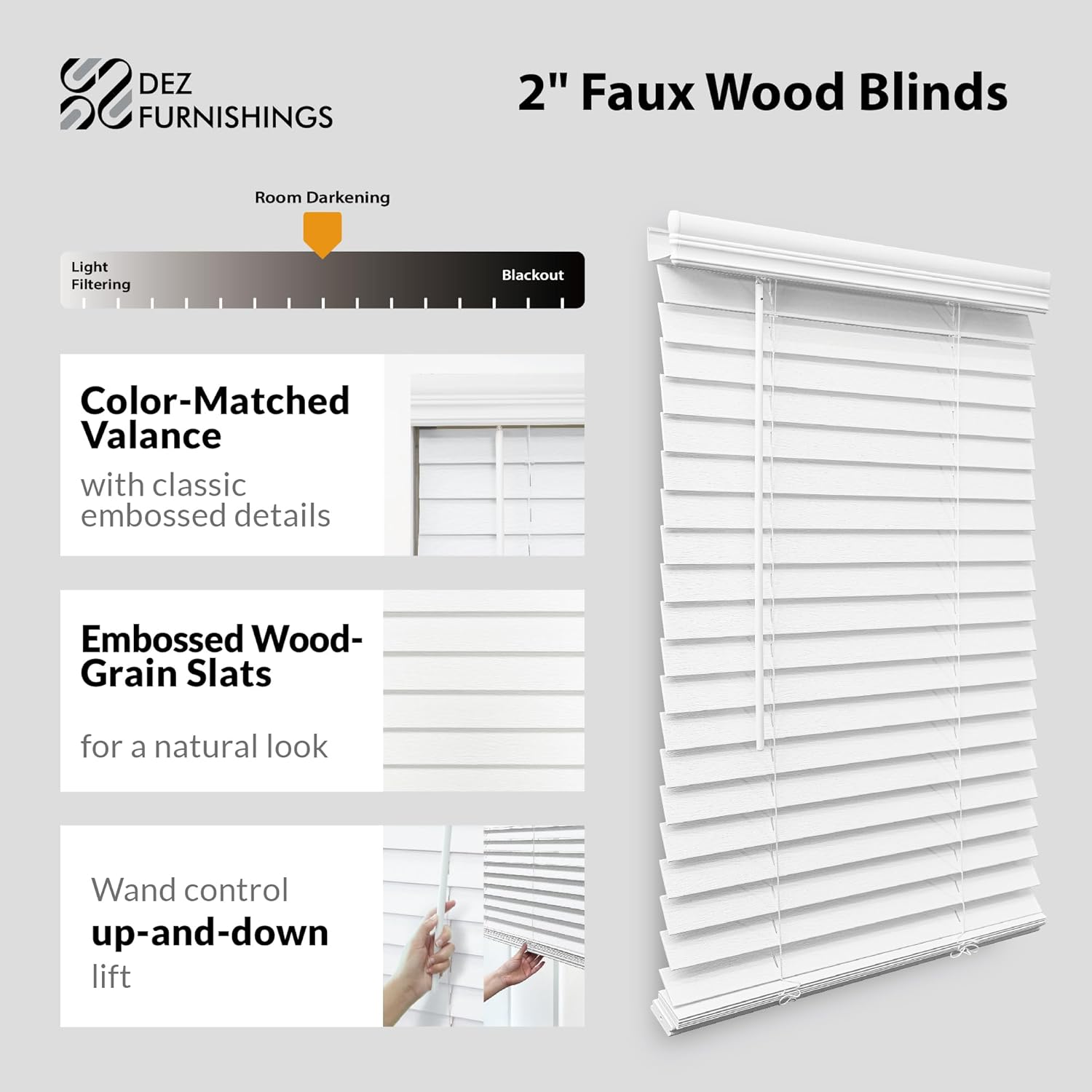 DEZ FURNISHINGS Cordless 2" Faux Wood Blind, 25" W x 64" H, White