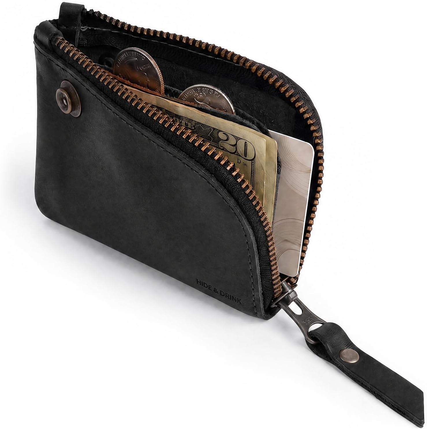 Hide & Drink, Leather Zippered Wallet, Holds Up to 6 Cards Plus Folded Bills, Pouch Organizer, Cash Holder, Travel Essentials, Mini, Pocket-Size, Handmade (Bourbon Brown)