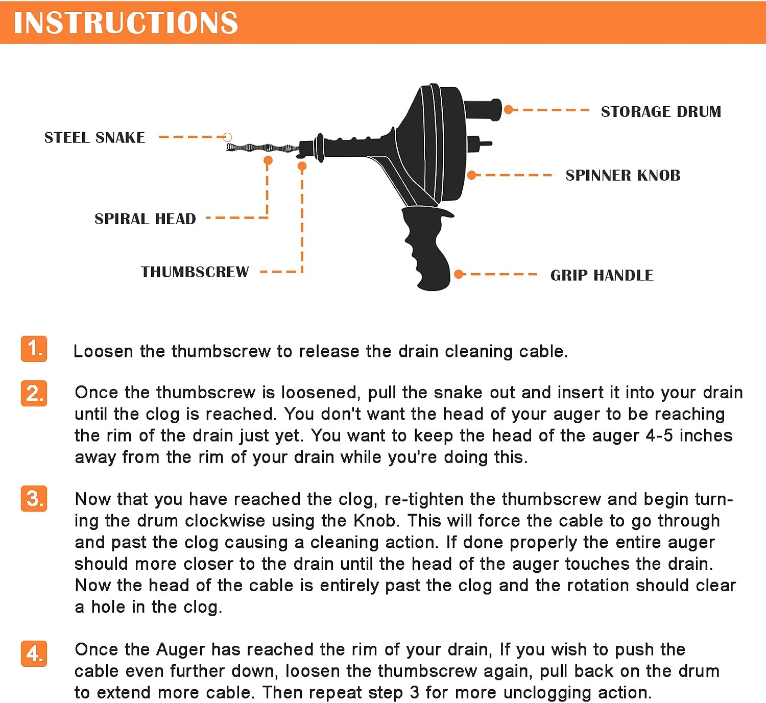 BACOENG 25Ft Drain Auger, Heavy Duty Plumbing Snake with Drill Adapter, Use Manually or Powered for Drain Clog, Shower Sink, Comes with Gloves and Bag (Orange)