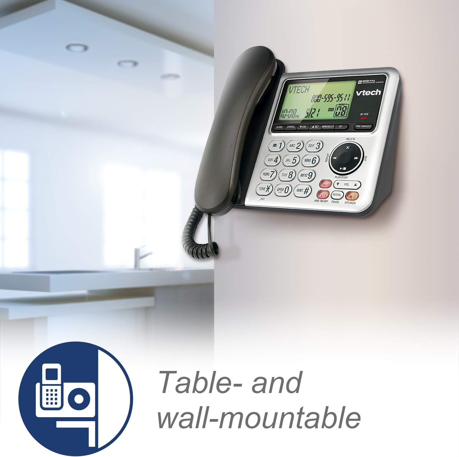 VTech CS6649 DECT 6.0 Expandable Corded/Cordless Phone with Answering System and Caller ID/Call Waiting, Silver/Black with 1 Handset