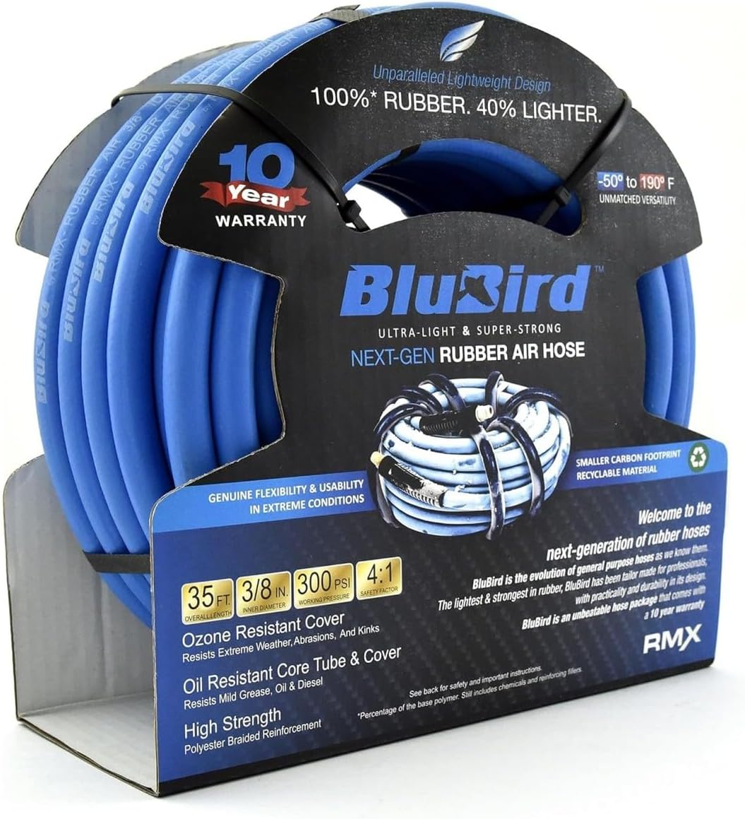 BLUBIRD BB3850 3/8" x 50' Rubber Air Hose, 100% Rubber, Lightest, Strongest, Most Flexible, 300 PSI, 50F to 190F Degrees, Ozone Resistant, High Strength Polyester Braided | High-Performance Pneumatic Hose for Automotive Construction & Industrial, Durable…