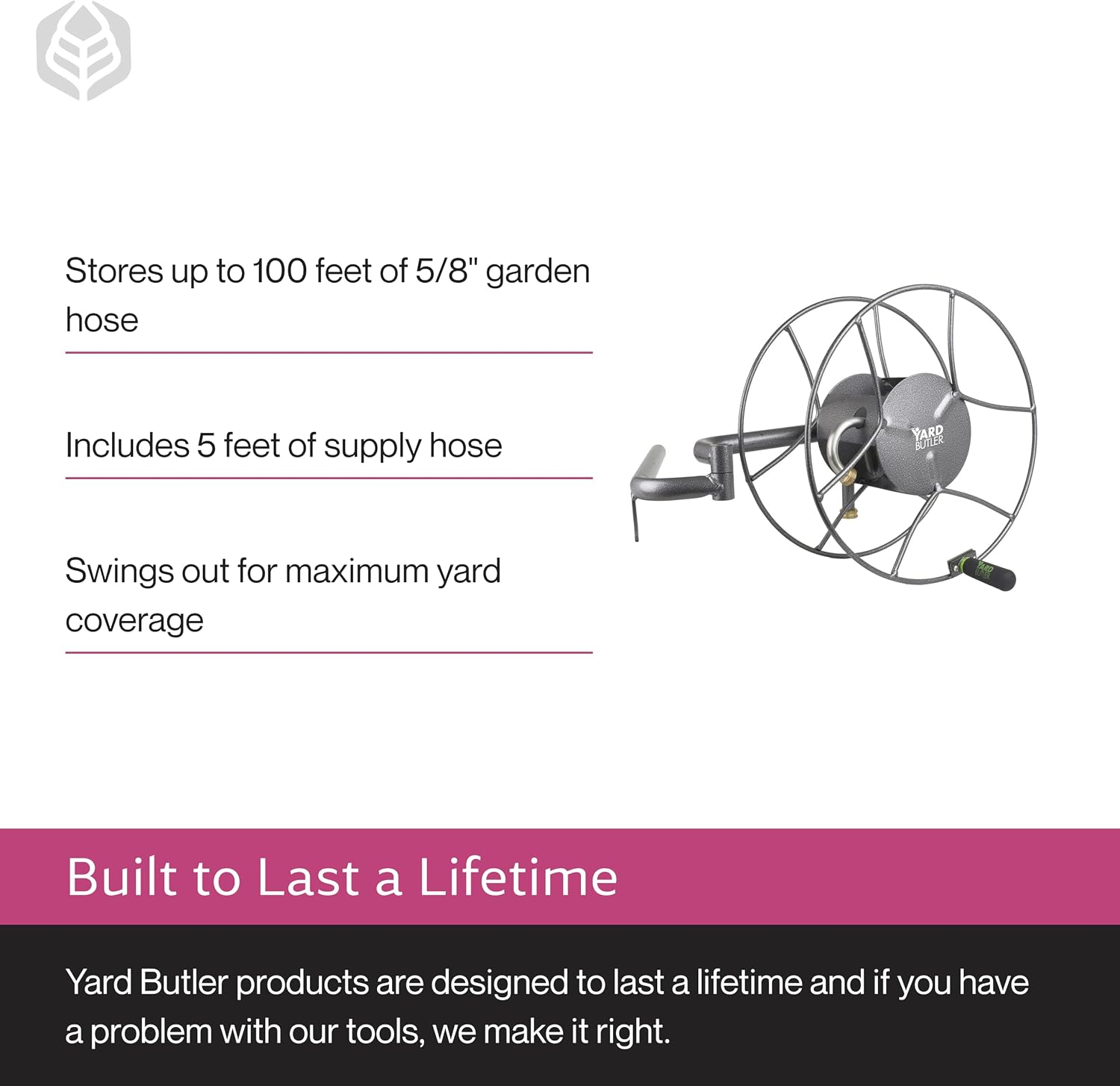 Yard Butler Hose Reel, 180 Degree Swivel, Wall Mount, 100-Foot Hose | Versatile Hose Reel, Great for Garden Hose Storage, Leakproof Design, Powder Coated Steel, Rust-Resistant, Tangle-Free