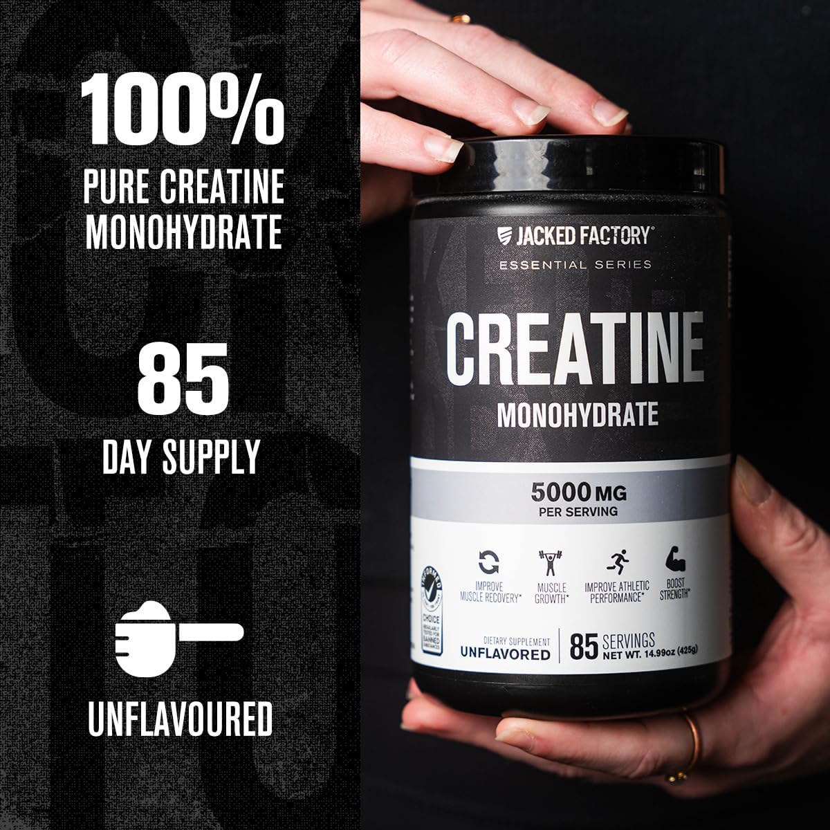 Jacked Factory Creatine Monohydrate Powder 425g - 5g Daily Micronized Creatine Monohydrate for Men and Women, Vegan-Friendly