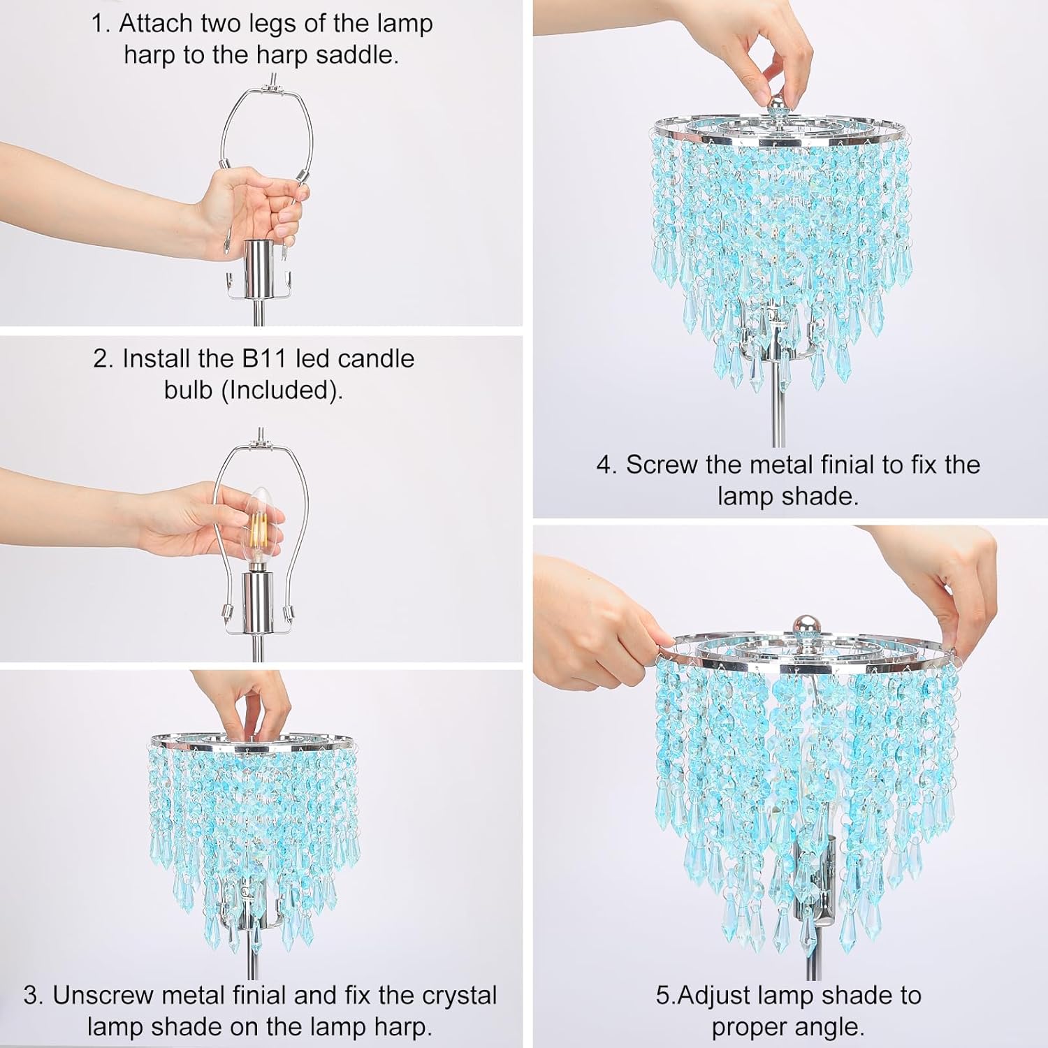 Touch Control Crystal Table Lamp with USB C+A Charging Ports, 3-Way Dimmable Bedside Touch Lamp Decorative Nightstand Lamp with Elegant Lampshade for Living Room Bedroom, B11 LED Bulb Included