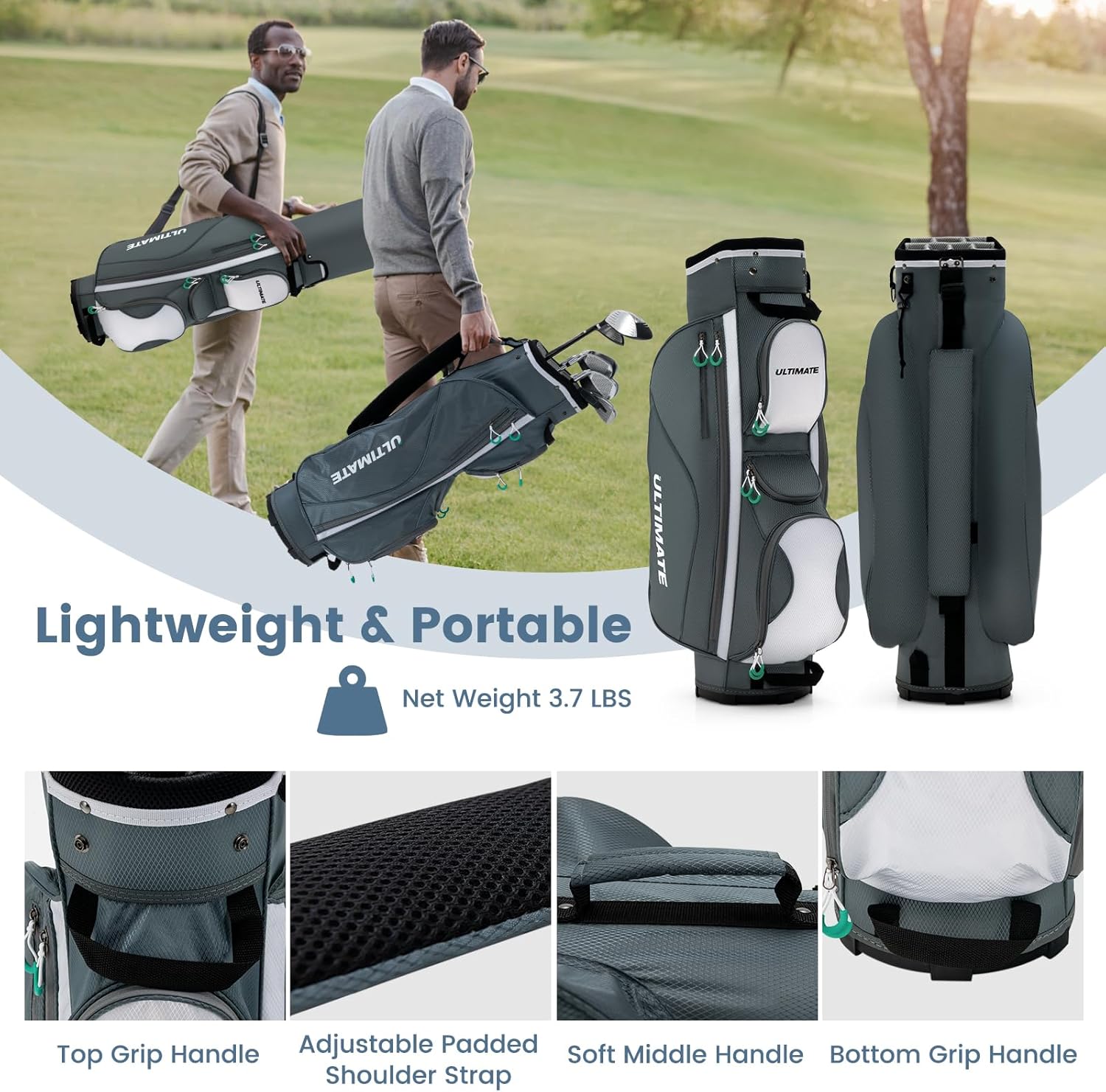ULTIMATE 14-Way Golf Cart Bag, 3.7 LBS Lightweight Portable Golf Bag with Top Dividers, 7 Zipped Pockets Including Cooler Bag, Rain Hood