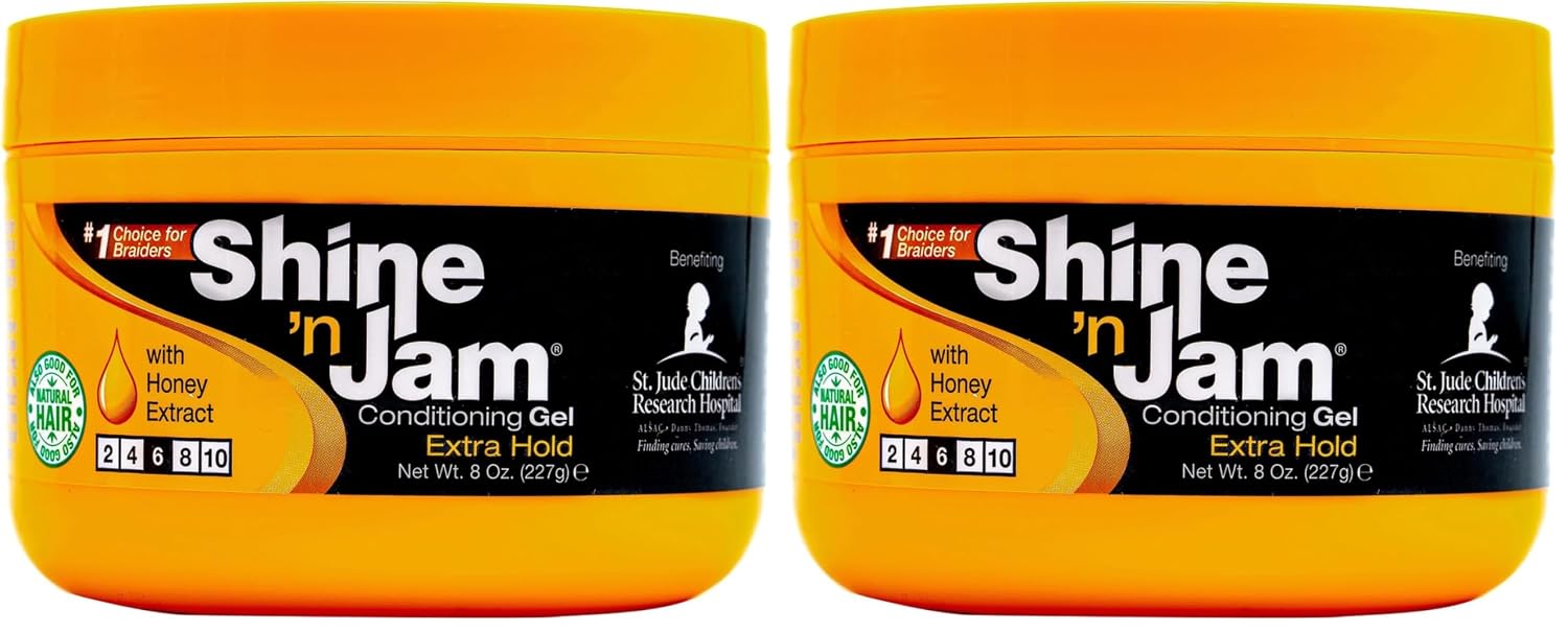AmPro Shine-n-Jam Maximum Hold - Infused with Honey Extract to Strengthen Hair - Great for Taming Fringe, Ponytails, Soft Weaves, and Braids - Keeps Tresses Firm with Non-Greasy Shine - 8 oz