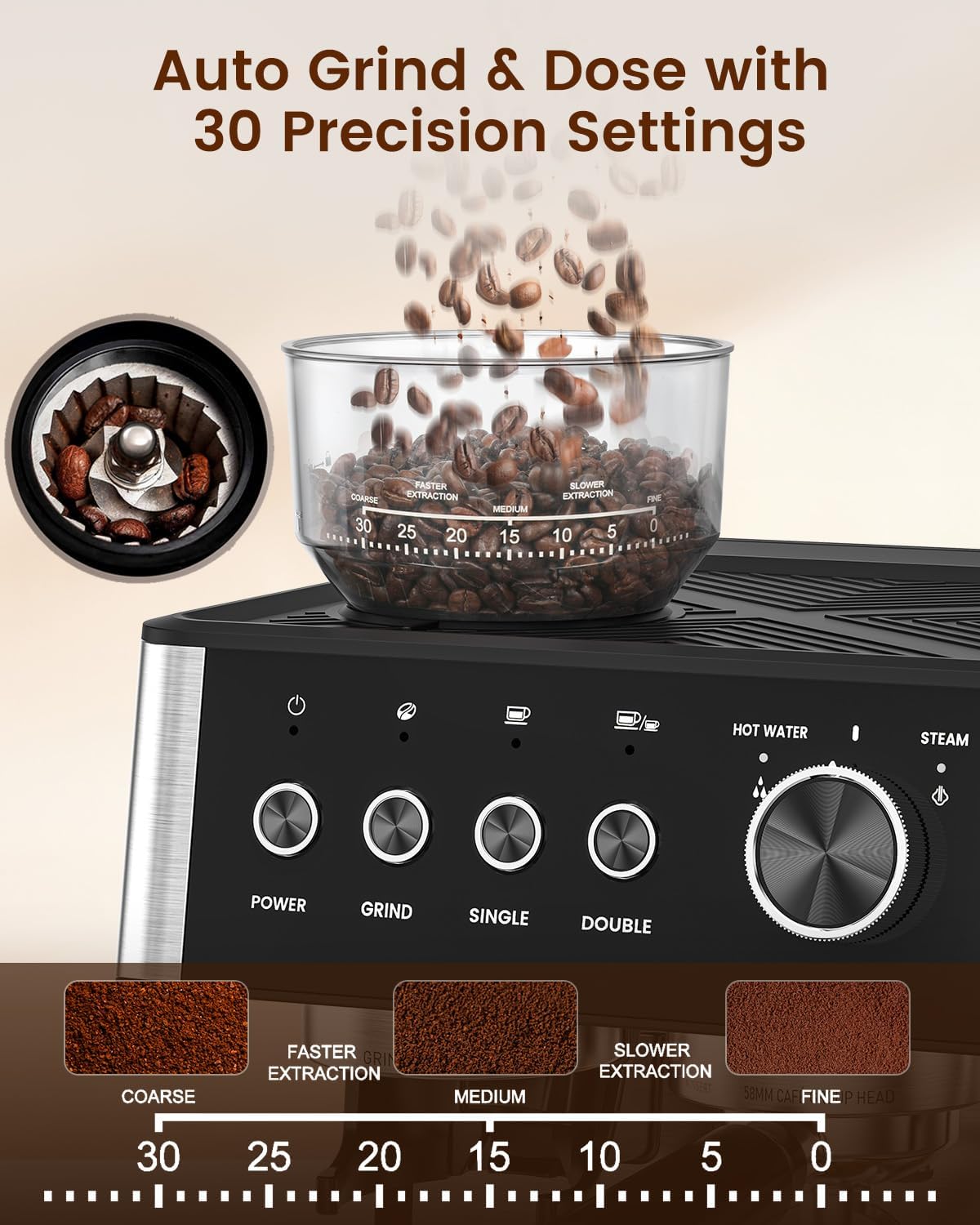 (2026 Upgrade) Espresso Machine with Grinder, 15 Bar Expresso Coffee Machines, Professional Coffee Maker for Latte&Cappuccino with Milk Frother, Expresso Machines for Home Descaling Kit Included White