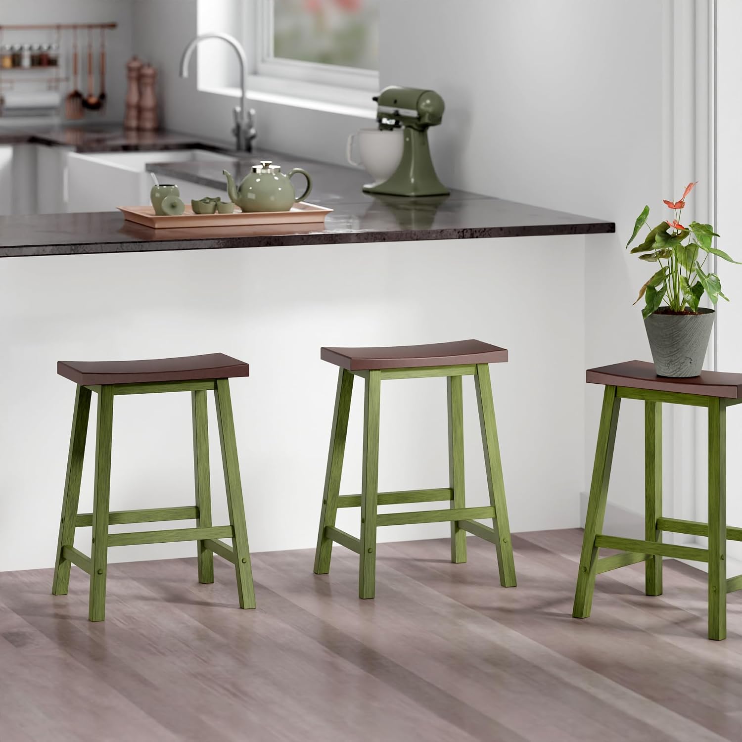 Winsome Satori Saddle Seat Counter Stool, Walnut, 24" | Classic Backless Bar Chairs for Kitchen & Dining Room Seating, Timeless Essential Furniture for Home, Dorm, Apartments