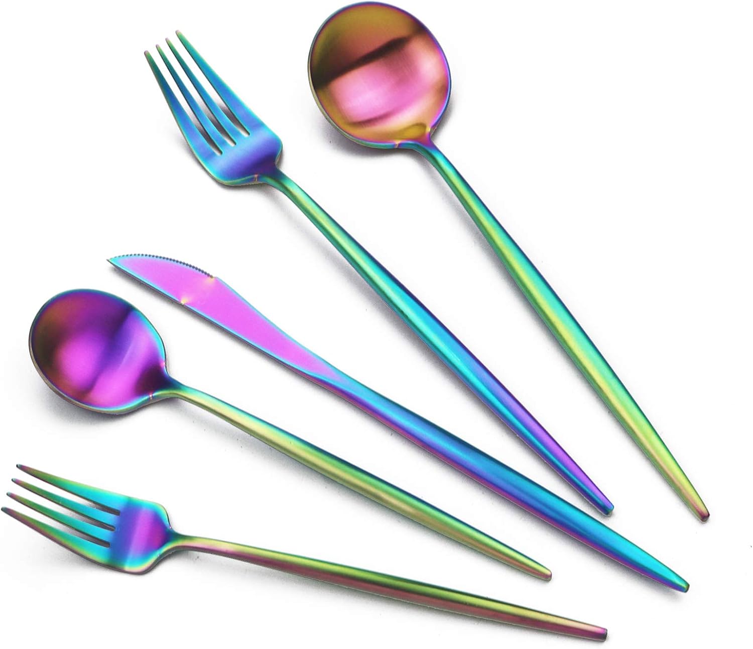 JASHII Luxury 18/10 Rainbow Flatware Set - 304 Stainless Steel Colorful Cutlery - 5-Piece Adaline Royal Modern Satin Finish for Birthday