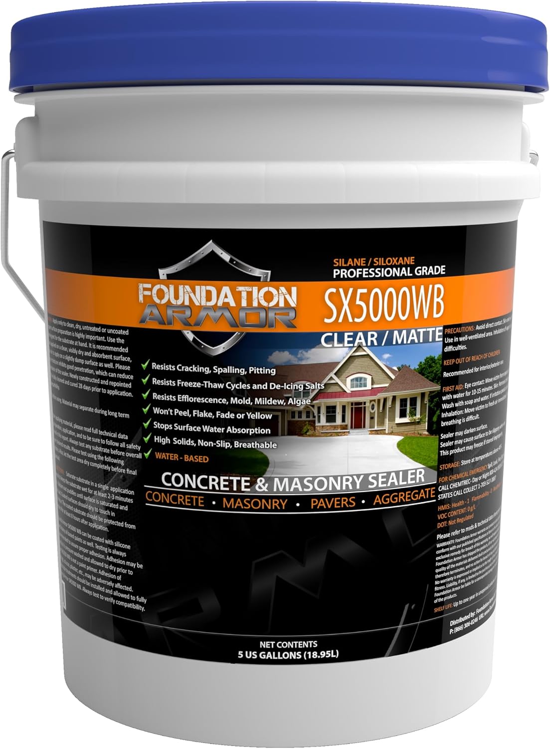 Armor SX5000 WB Natural-Look Penetrating Water-Based Silane Siloxane Concrete Sealer for Concrete, Brick, Pavers, and Natural Stone - 5 Gallon