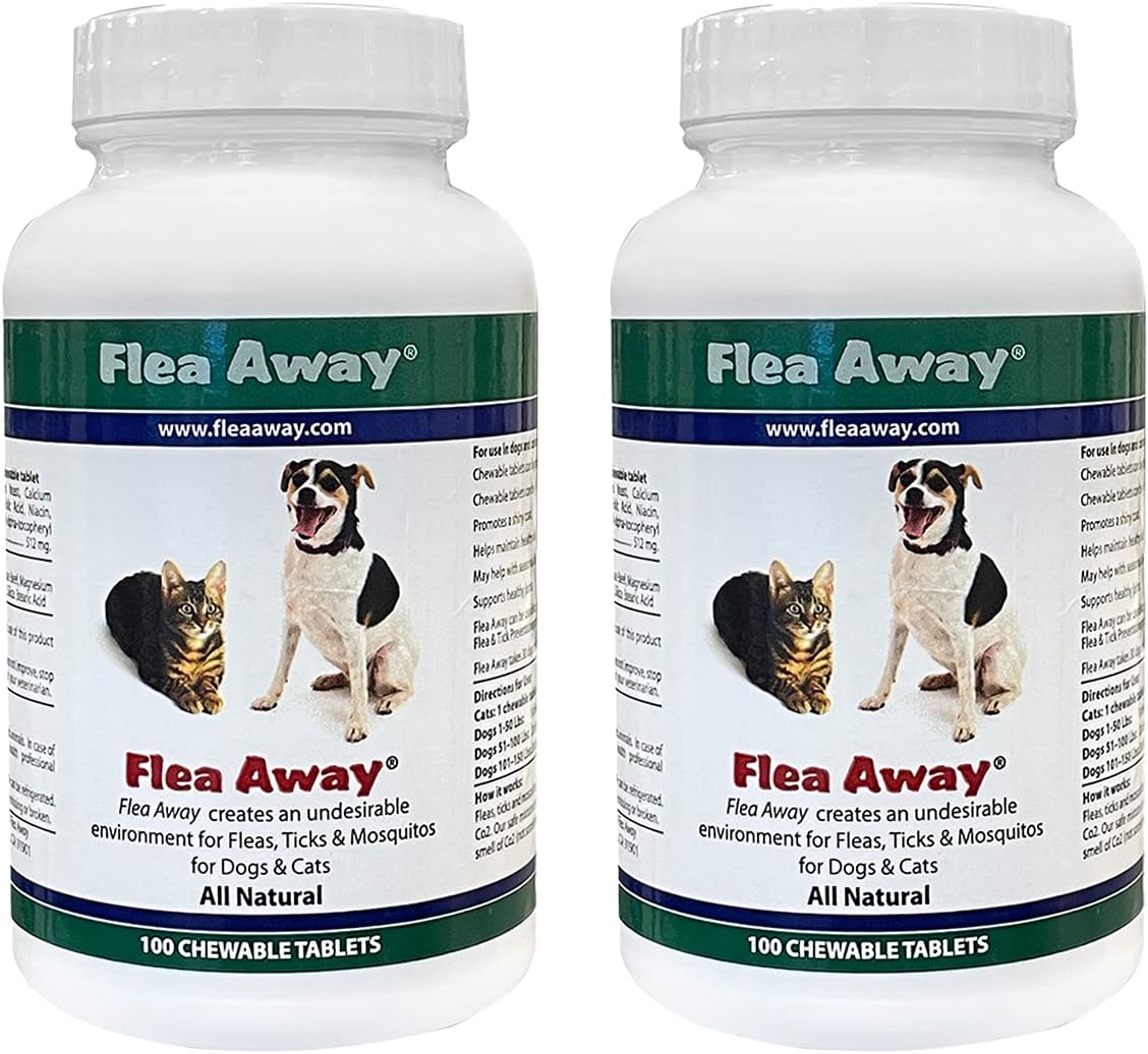 Flea Away All Natural Supplement for Fleas, Ticks, and Mosquitos Prevention for Dogs and Cats, 100 Chewable Treat Tablets, Single
