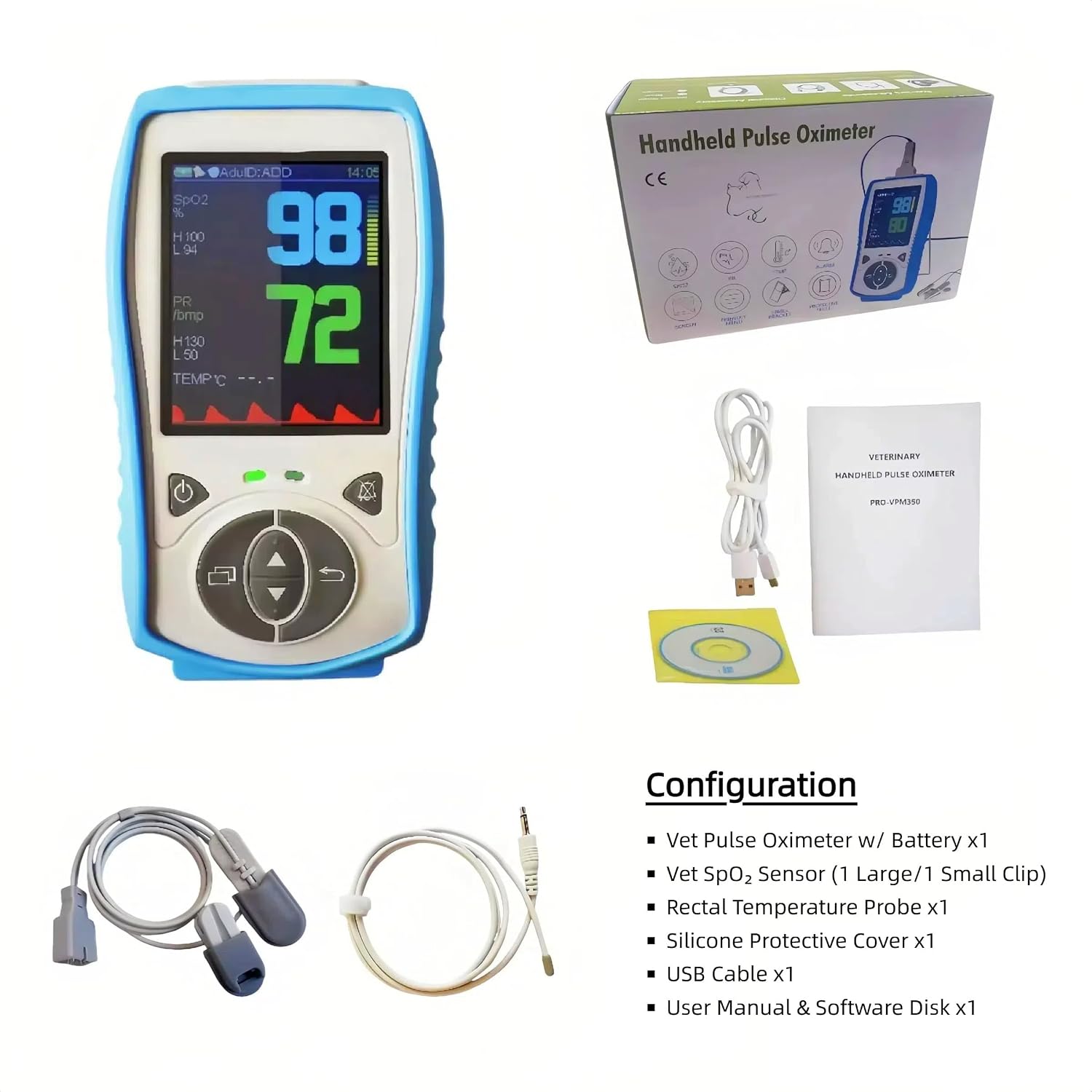 Plus Oximeter Veterinary Handheld Pulse Oximeter for SPO2, Heart Rate, Rectal Temperture, Include Rechargeable Battery (30-Day Guarantee)