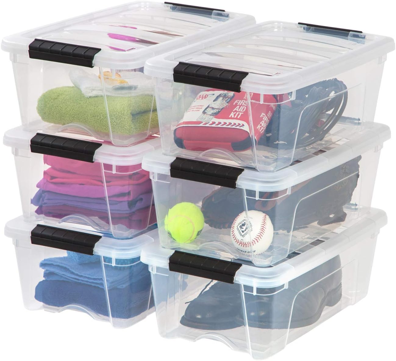 IRIS USA 6-Pack 54 Quart Storage Bins with Lids, Clear | Transparent design makes contents easy to find. Perfect for moving, blankets, clothing, and garage storage. Nestable design