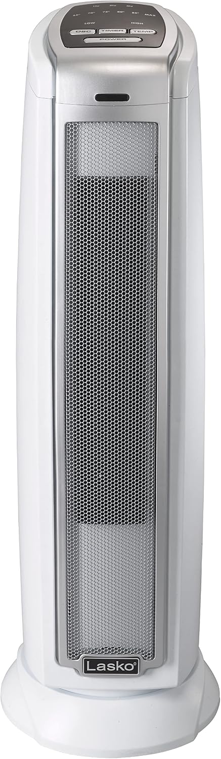 Lasko Oscillating Ceramic Tower Space Heater for Home with Overheat Protection, Timer, 22.5 Inches, Silver, 1500W, 5775 | For Home, Thermostat