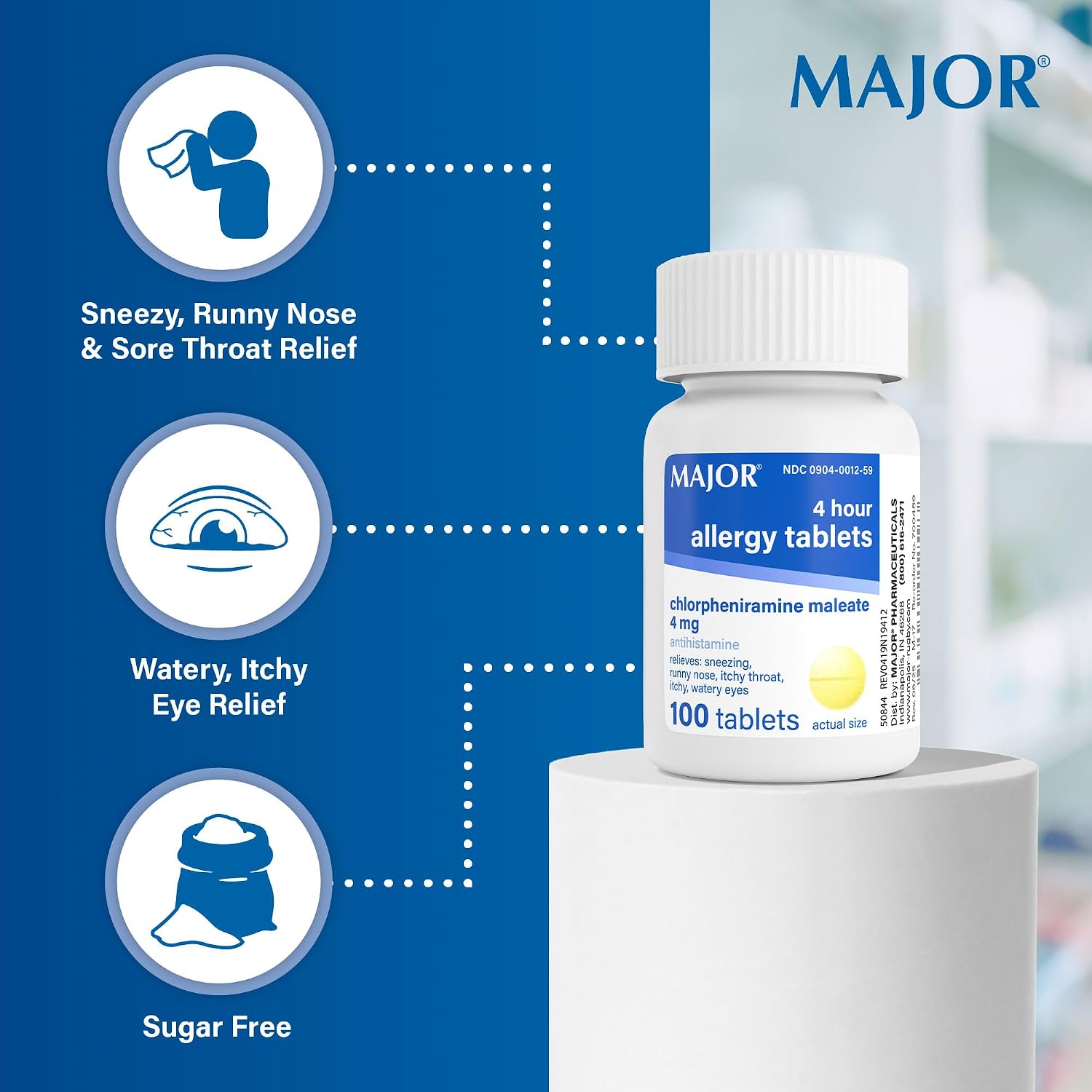 Major 4 Mg Allergy Tablets - Chlorpheniramine Maleate 4-Hour Allergy Medicine - Antihistamine for Relief of Sneezing, Itchy Watery Eyes, Itchy Throat