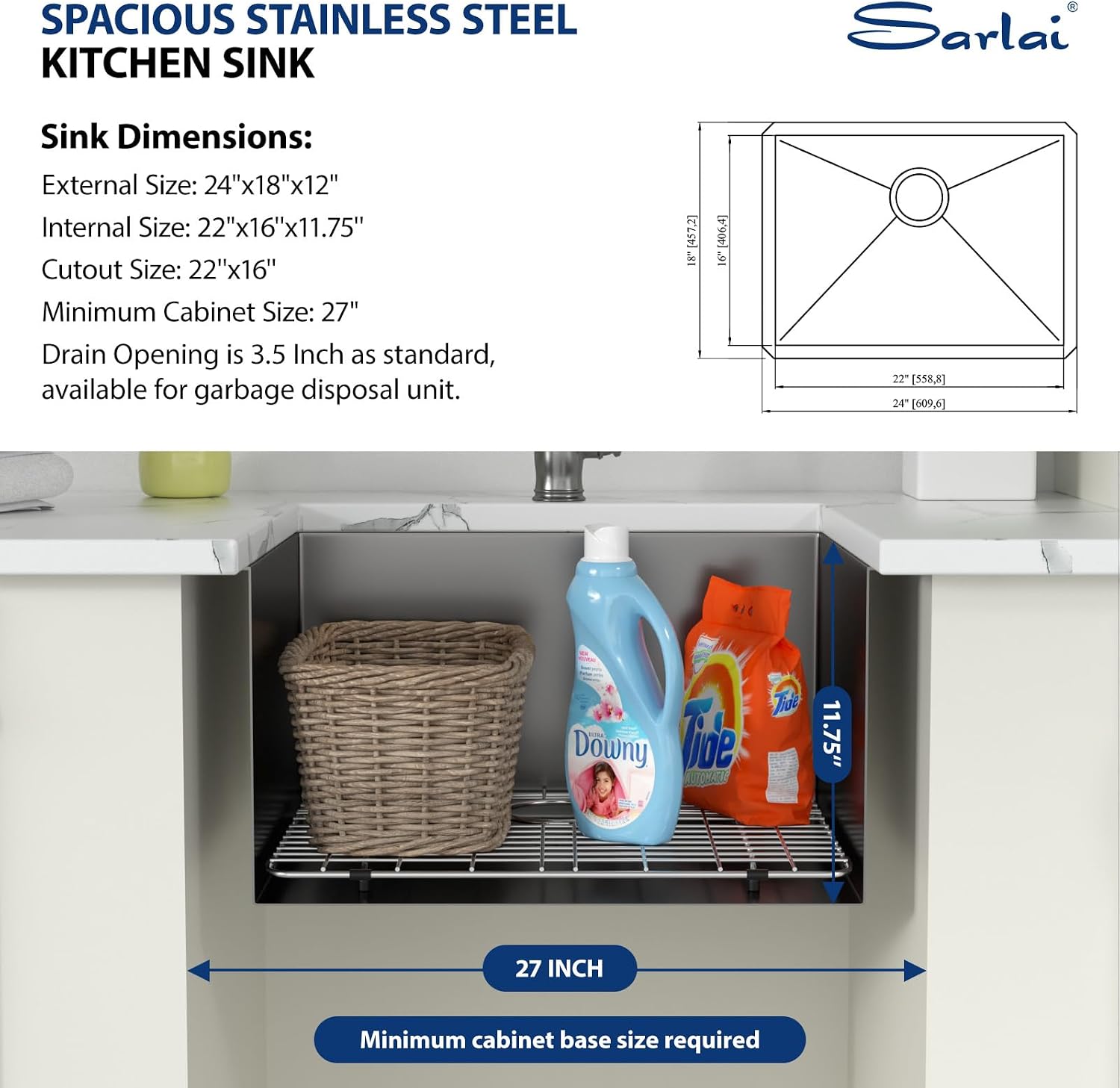 Sarlai 21 Inch Undermount Laundry Sink 21x18x12 Inch Undermount Laundry Utility Sink Deep Single Bowl 16 Gauge Stainless Steel Laundry Tub Sinks