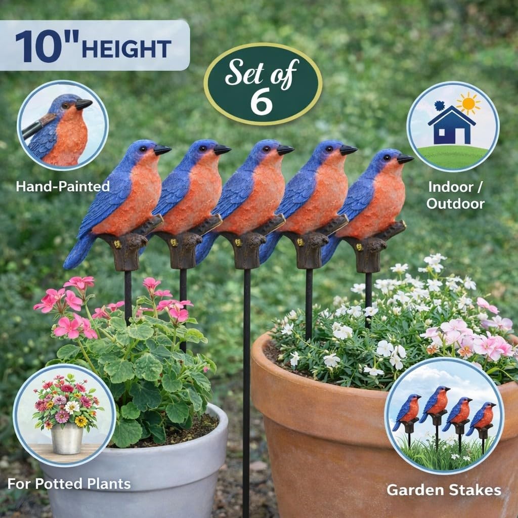 Bluebird Garden Stakes Set of 3 – Decorative Metal Yard & Plant Stakes – Bluebird Outdoor Décor for Flower Pots