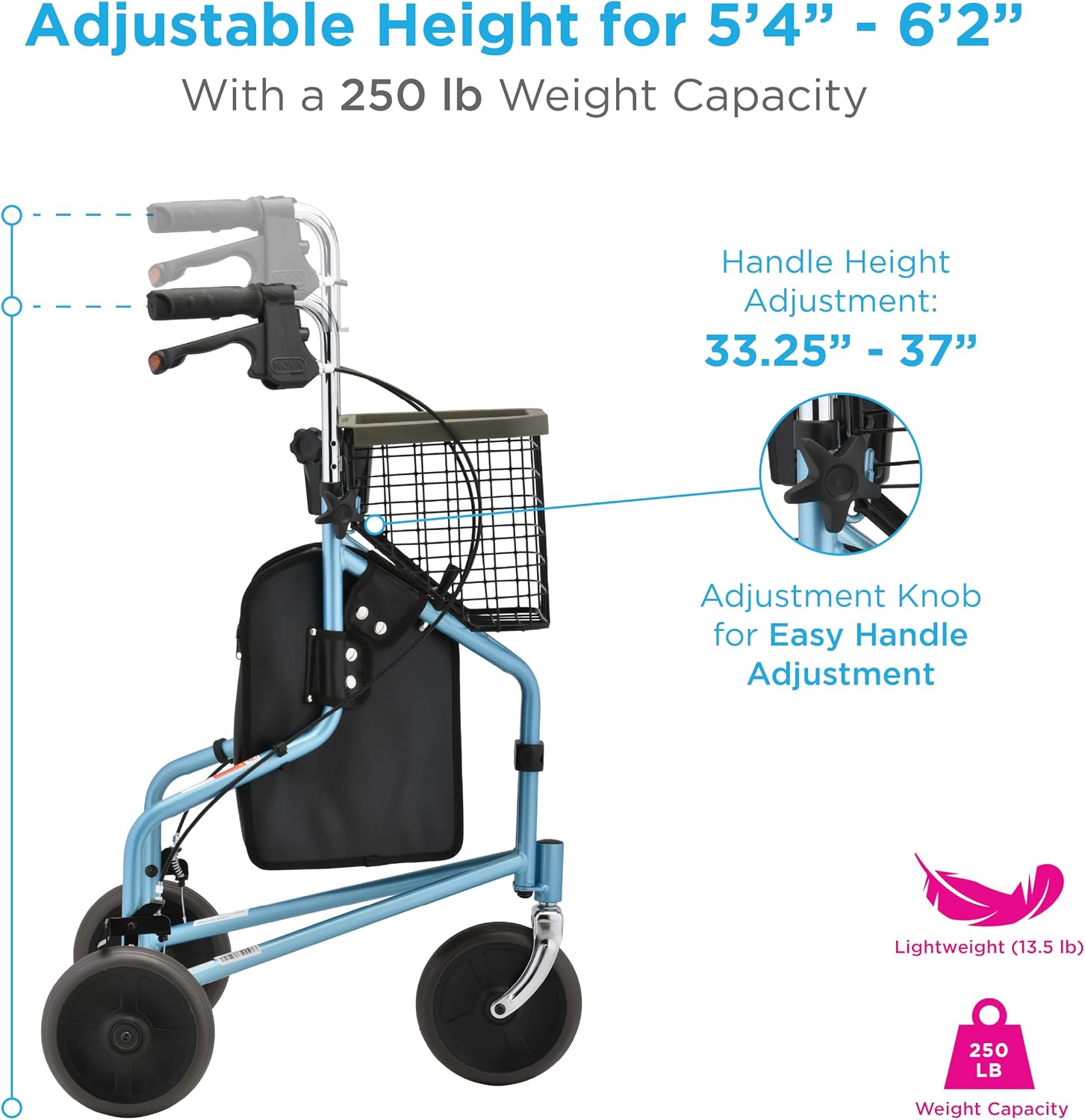 NOVA Traveler Folding 3-Wheel Walker with Tray, Basket, Pouch & Cup Holder, Lightweight Mobility Aid for Seniors & Adults, 8” All-Terrain Wheels for Tight Spaces & Travel, Sky Blue