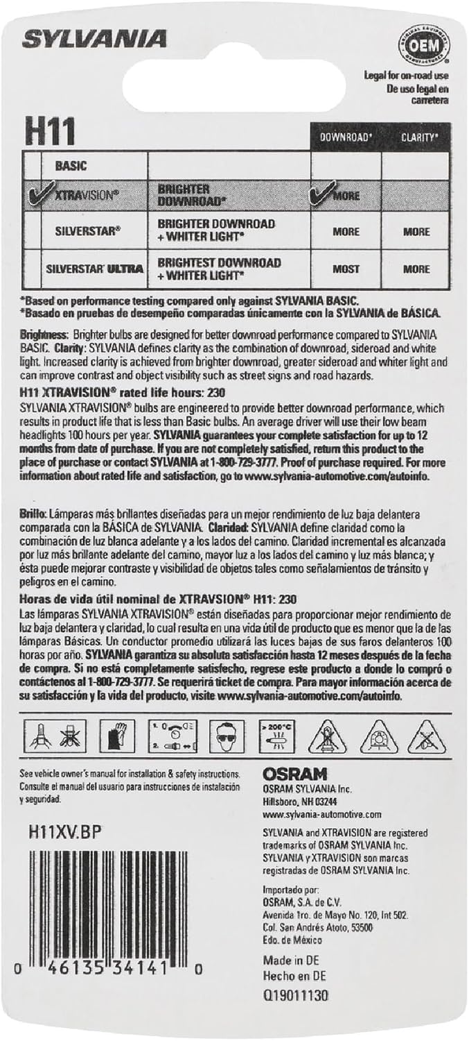 SYLVANIA - H11 XtraVision - High Performance Halogen Headlight Bulb, High Beam, Low Beam and Fog Replacement Bulb (Contains 1-Bulb)
