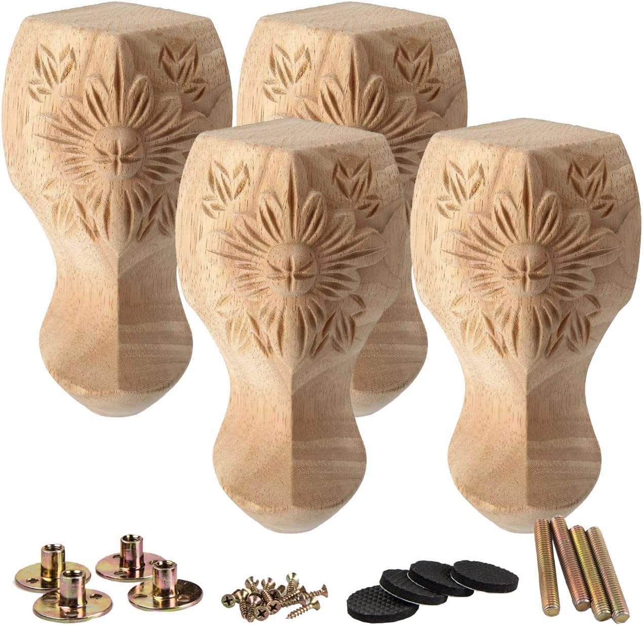 La Vane 6 inch / 15cm Wooden Furniture Legs, Set of 4 European Style Solid Wood Carving Furniture Replacement Feet Decoration for Sofa Cabinet Wardrobe Table Loveseat