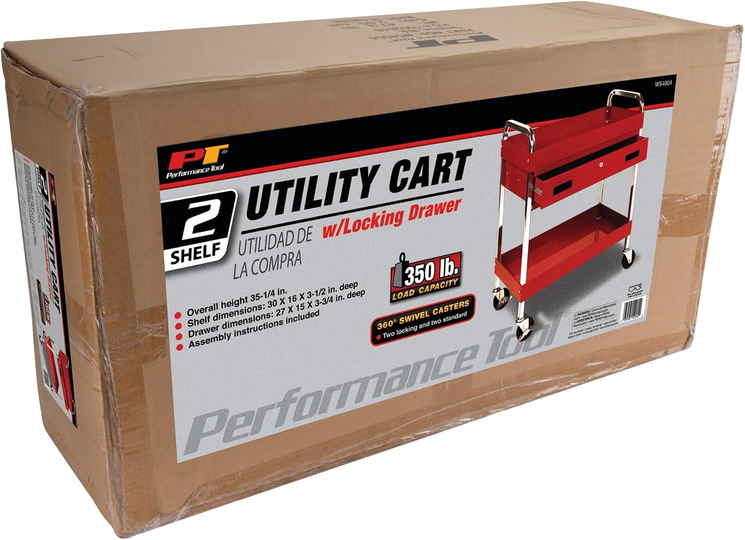 Performance Tool W54004 Two-Shelf Utility Cart with Locking Drawer | Red rolling tiered storage cart with wheels. 350 lb load capacity. Swivel casters. 28x16 inch deep shelves
