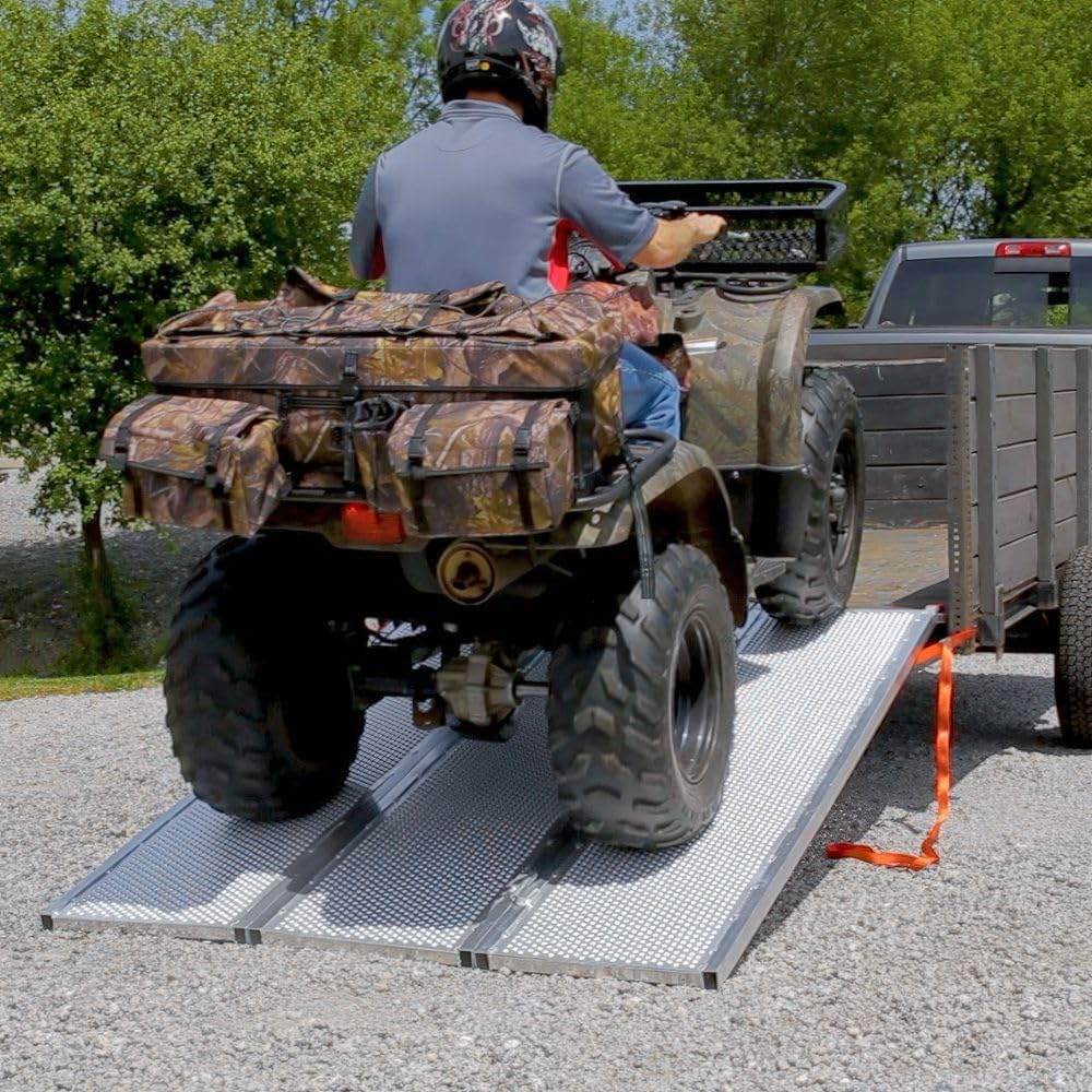 Black Widow 6ft 5in Aluminum Folding ATV Loading Ramp, 1500 lb Capacity | Load four-wheelers into trailer, folds into thirds for storage, safety straps included