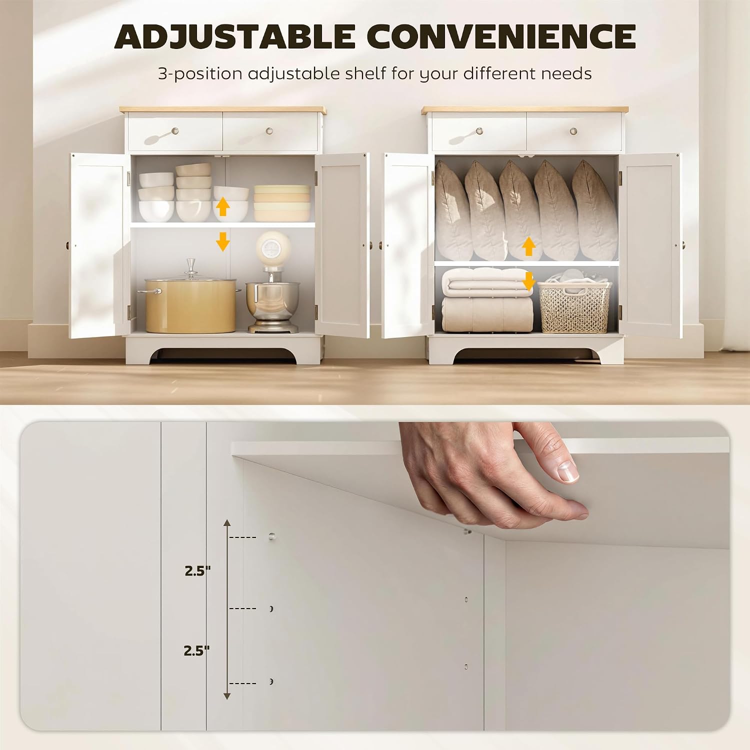 HOMCOM Sideboard Buffet Cabinet Solid Wood Countertop White