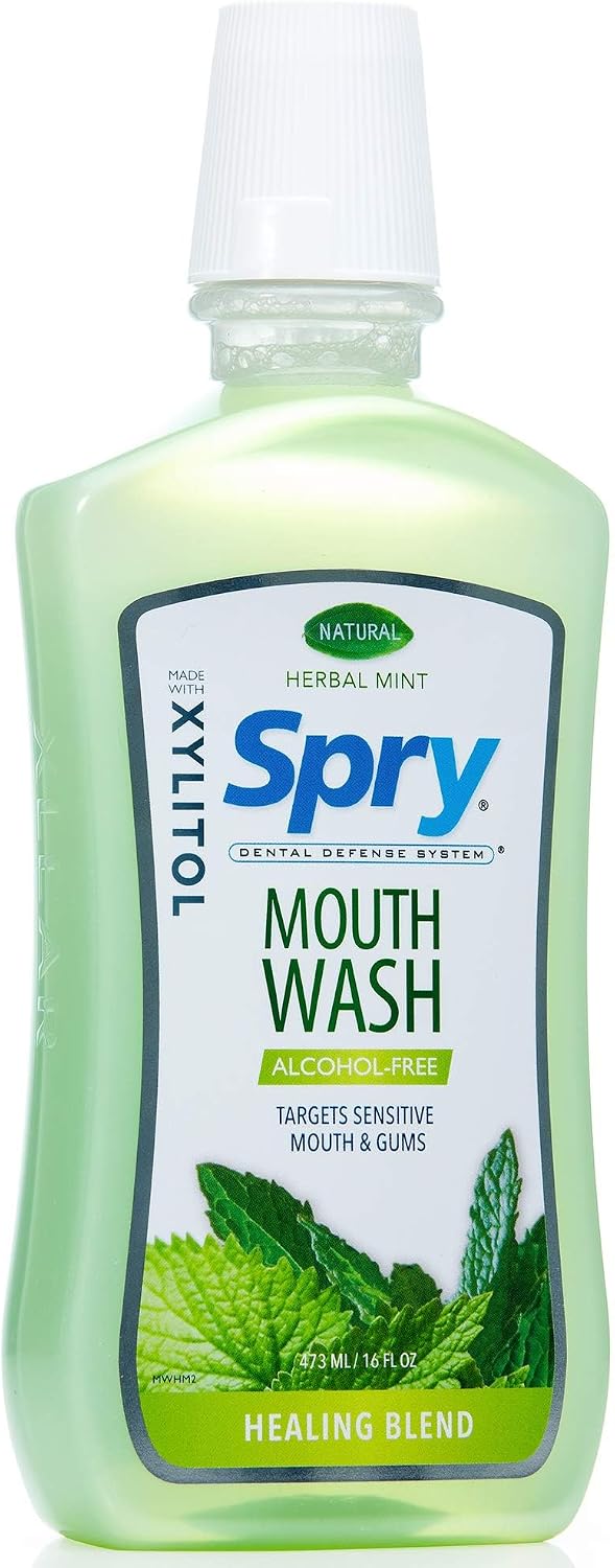 Spry Natural Xylitol Oral Rinse Mouthwash, Spearmint - 16 fl oz (Pack of 1) | Natural, Fluoride Free, Enamel Support, Low Alcohol, Gentle for Sensitive Mouth and Gum, Non-GMO, No Burn