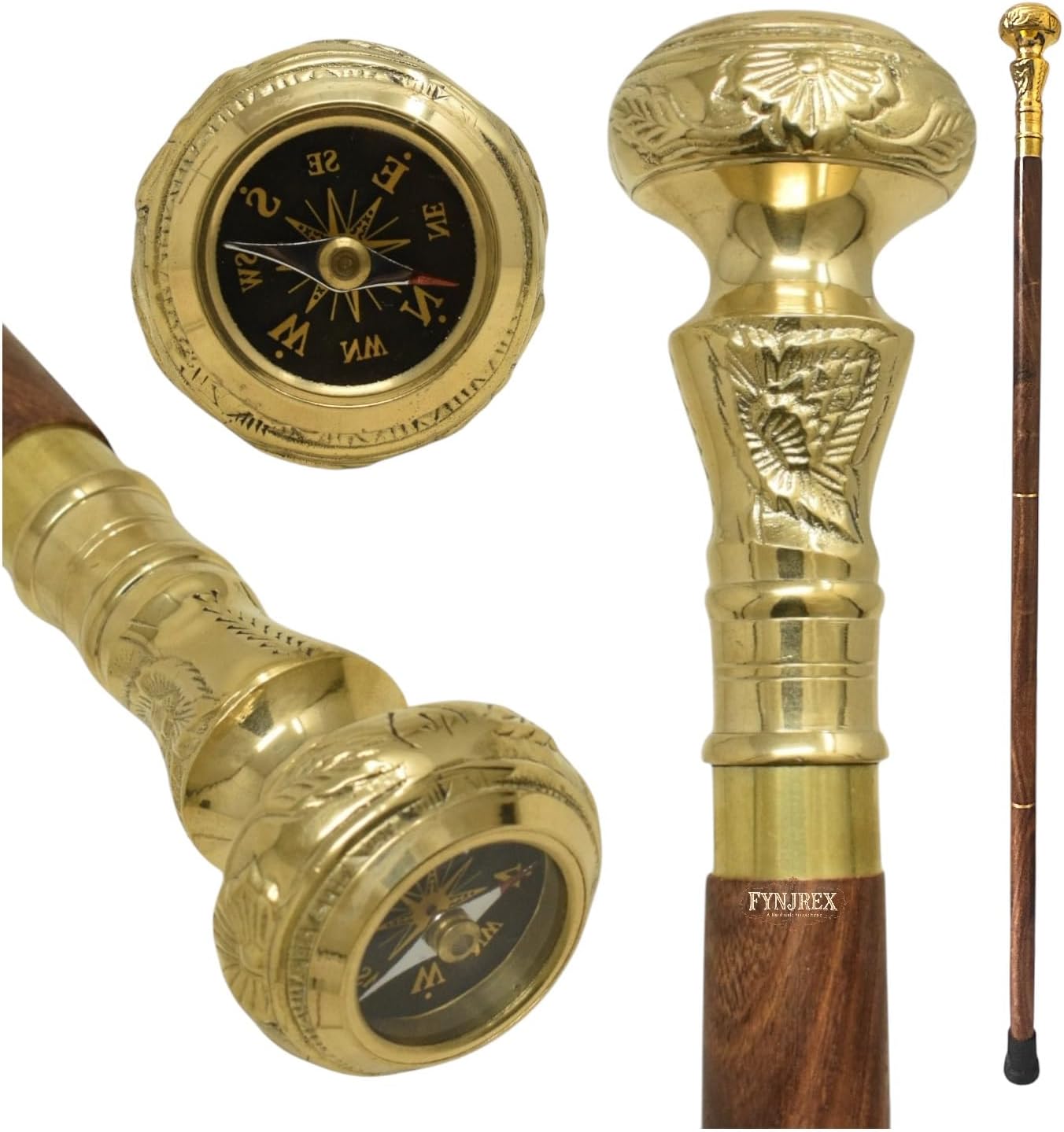 FYNJREX Travelers Compass Gentleman's Walking Stick, Fancy Cane for Women, Brass Handle and Hardwood Cane, Fold able Wooden Canes, Gift Idea