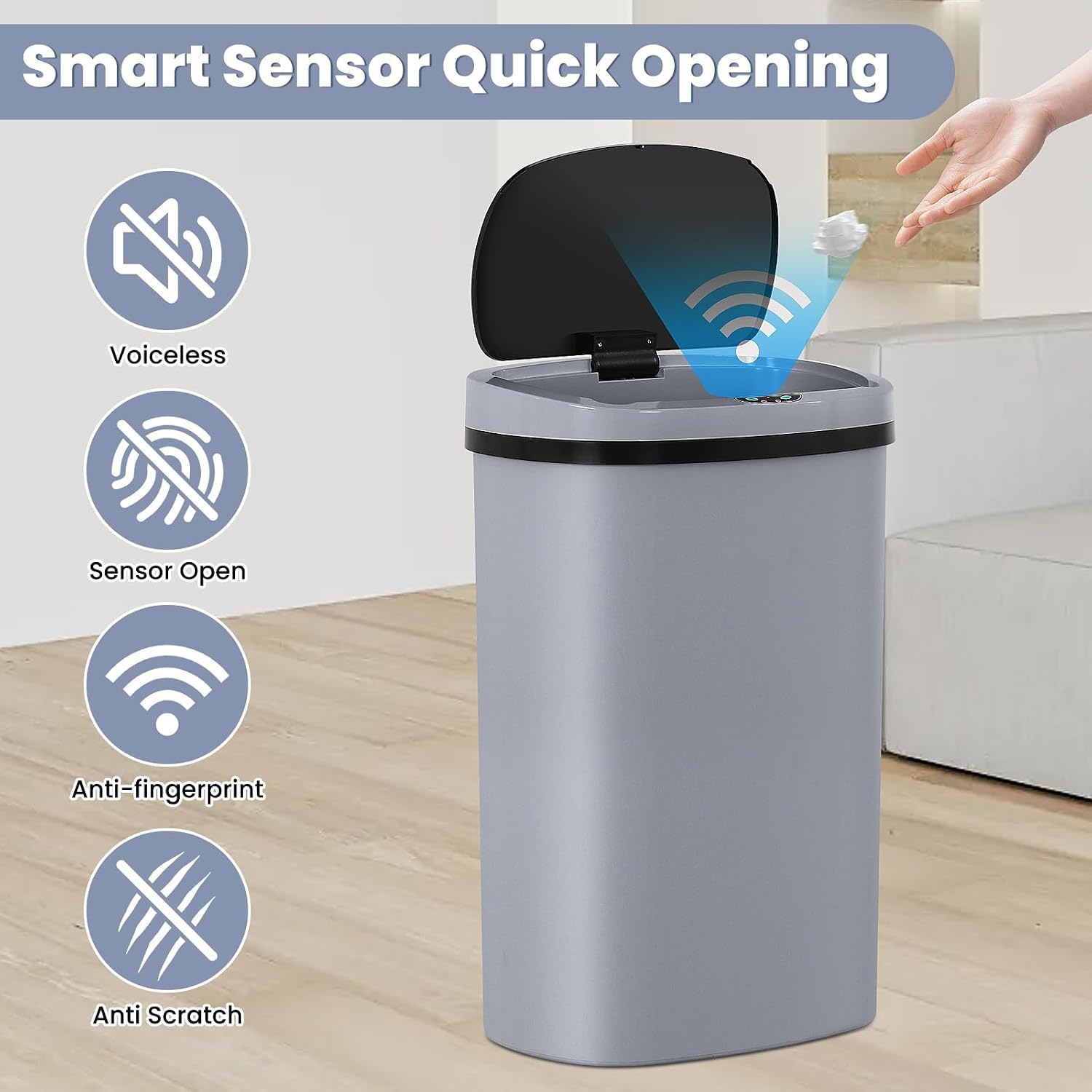 13 Gallon Touch-Free Automatic Stainless-Steel Trash Can Garbage Can Metal Trash Bin with Lid for Kitchen Living Room Office Bathroom, Electronic Motion Sensor Automatic Closure & Opening