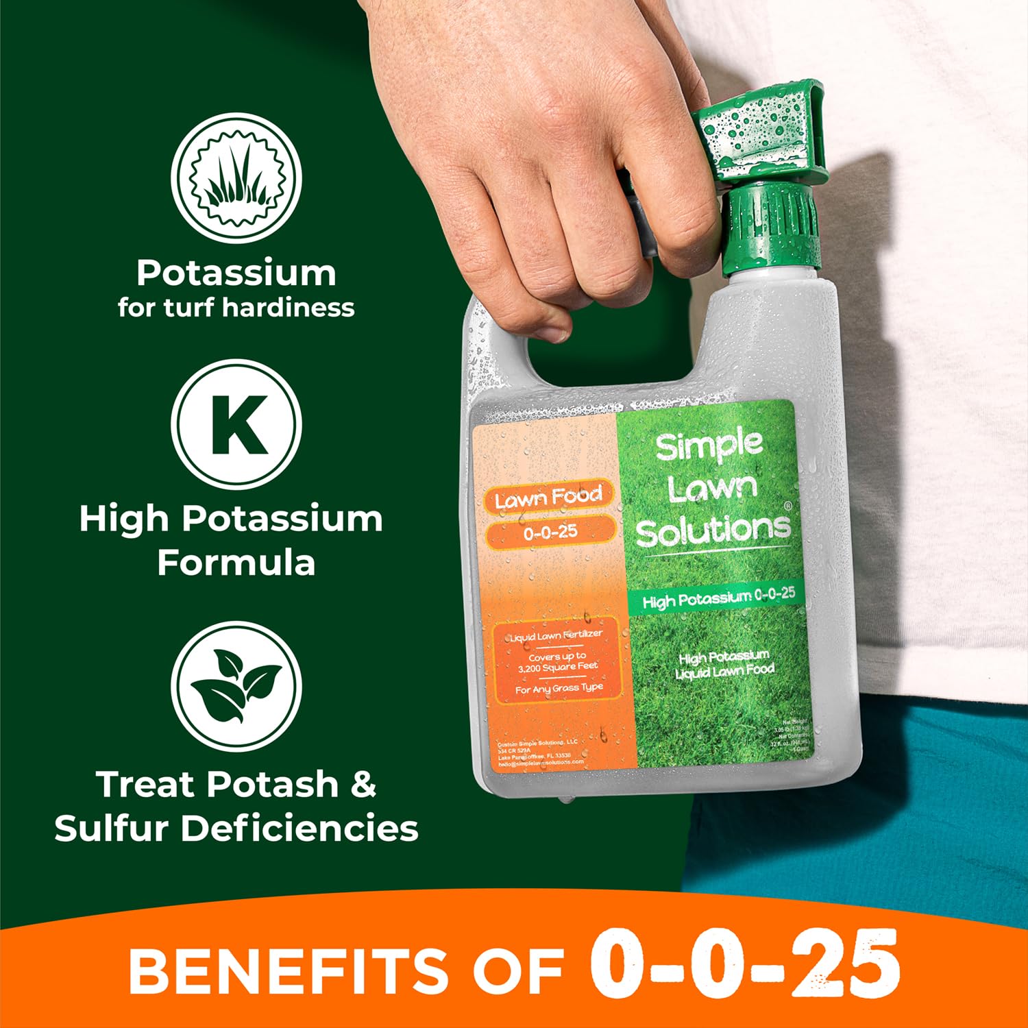 Simple Lawn Solutions - High Potassium Lawn Food Liquid Fertilizer 0-0-25 - Concentrated Spray - Turf Grass Vigor and Plant Hardiness - Summer and Fall - Any Grass Type (32 Ounce)