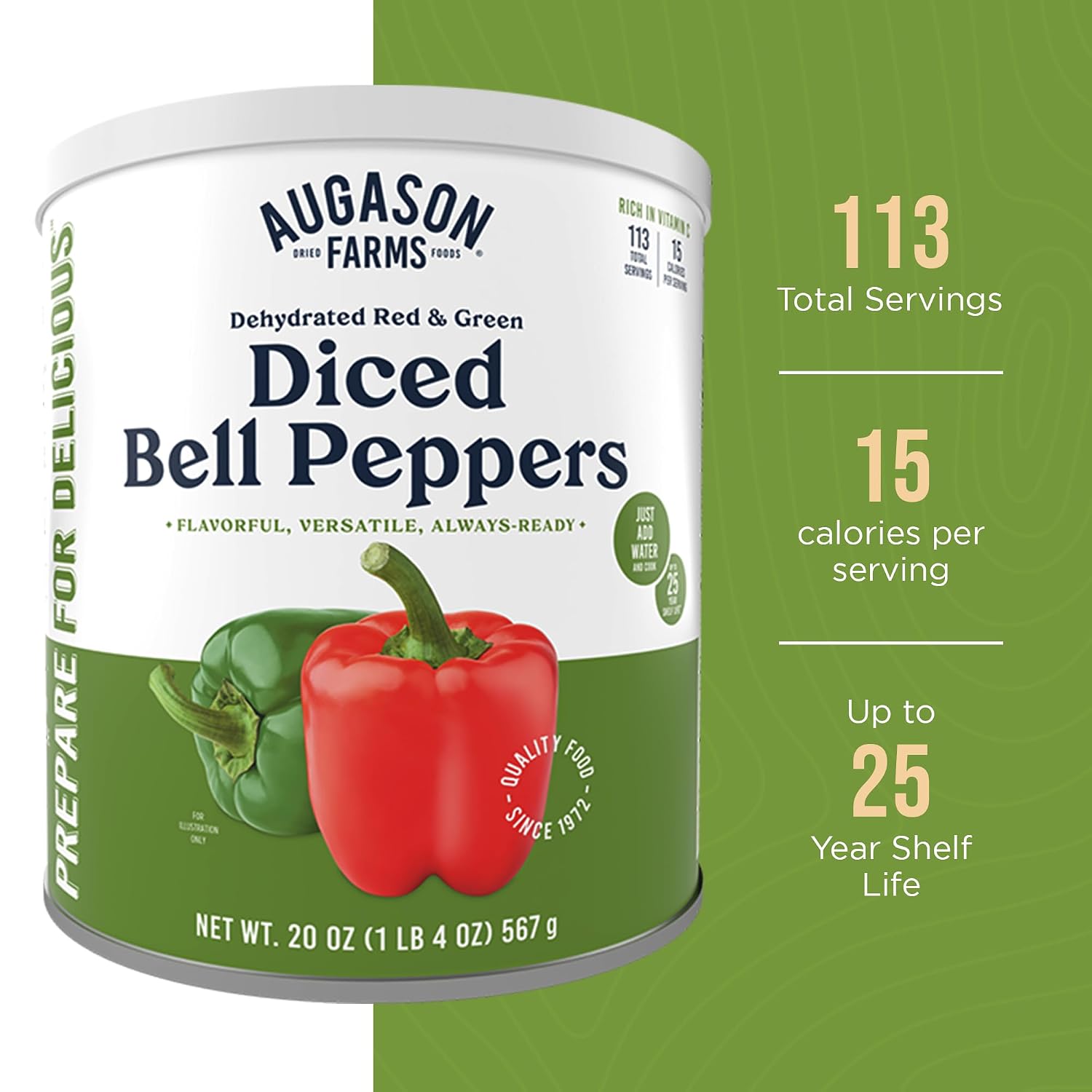 Augason Farms Dehydrated Diced Bell Peppers Can | Emergency Food Supply, 113 Servings, 25 Year Shelf Life, Red and Green Peppers, Dehydrated Meals