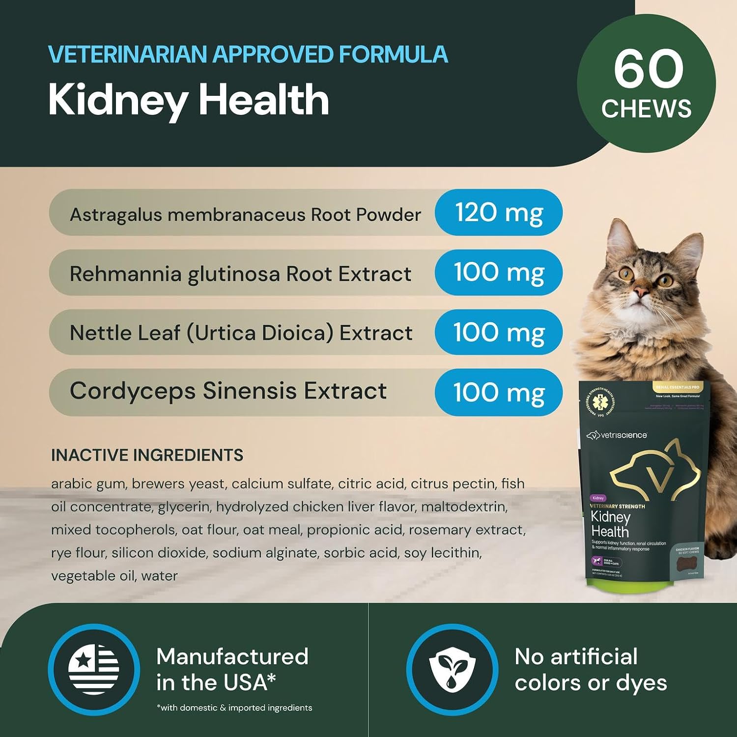 Vetriscience Veterinary Strength Kidney Health Chews - Balanced Kidney Support for Pets - Feline & Canine Renal Support - Holistic Formula - Chicken