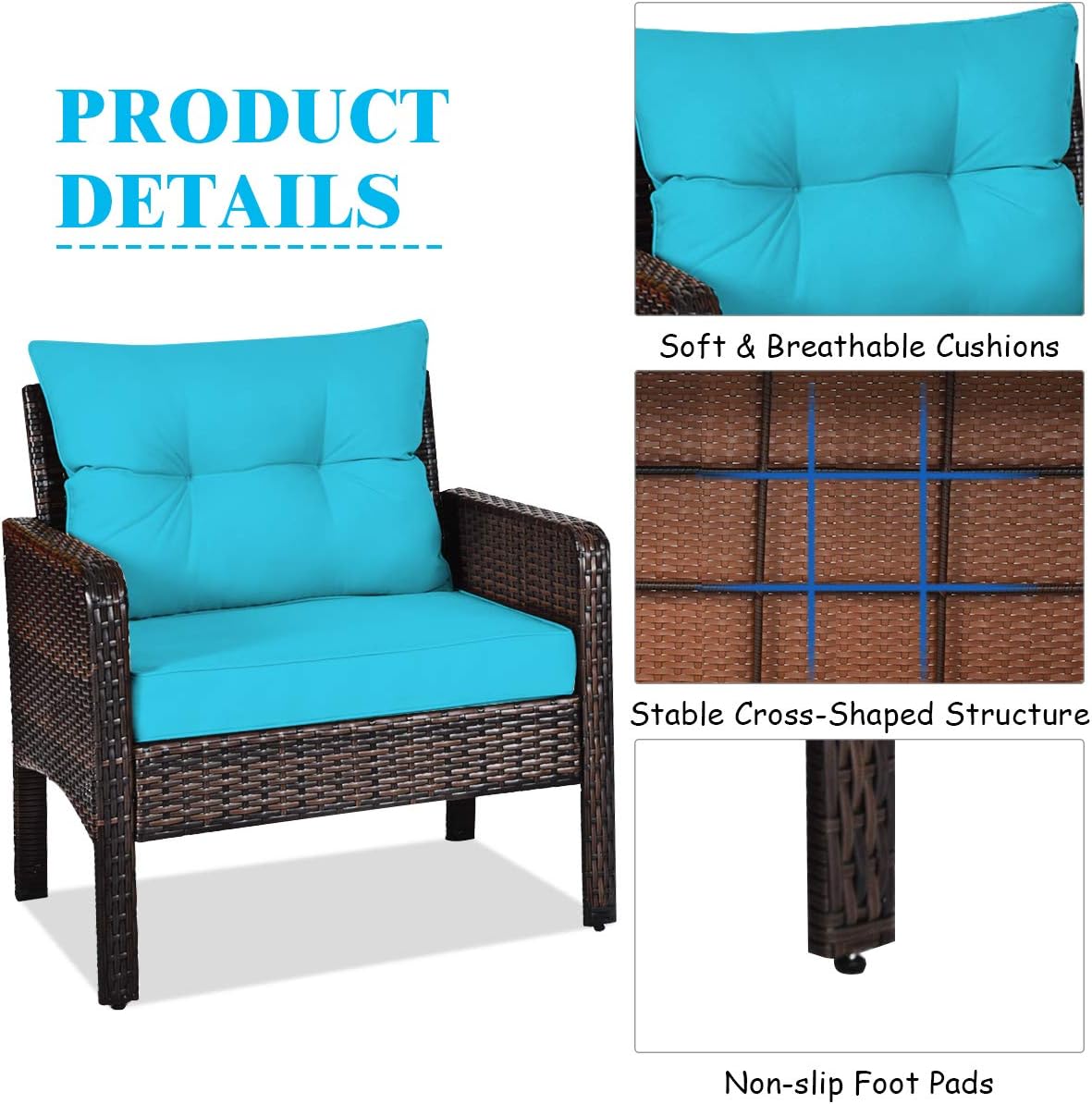 Tangkula 3 Piece Outdoor Patio Furniture Set, Wicker Chairs Set with Glass Top Coffee Table, Thick Cushions