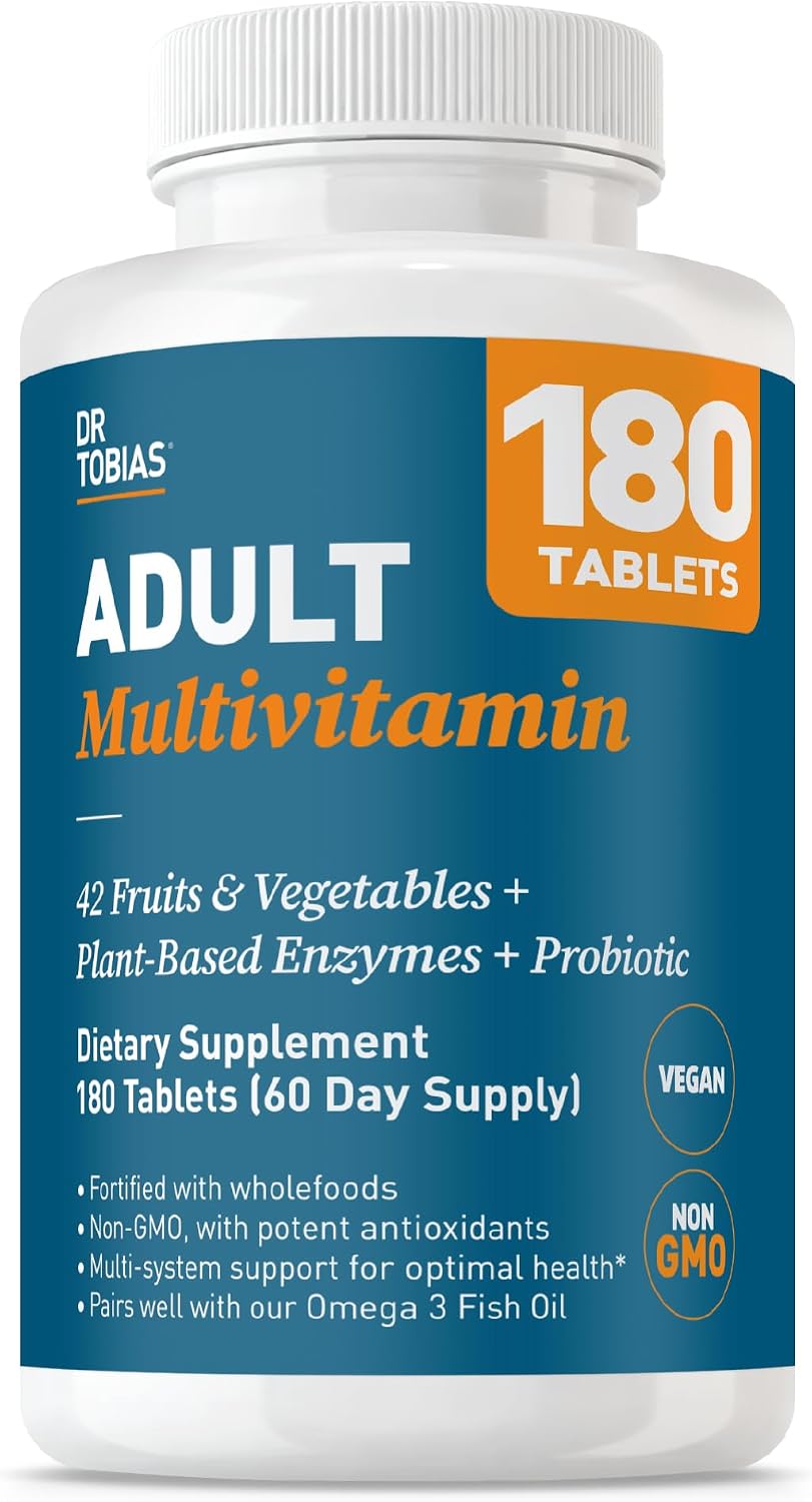 Dr. Tobias Adult Multivitamin for Women & Men 90 Count | Daily Energy & Immune Support | Vitamin Supplement with 42 Fruits & Vegetables + Probiotic + Enzymes | Vegan | 30 Servings