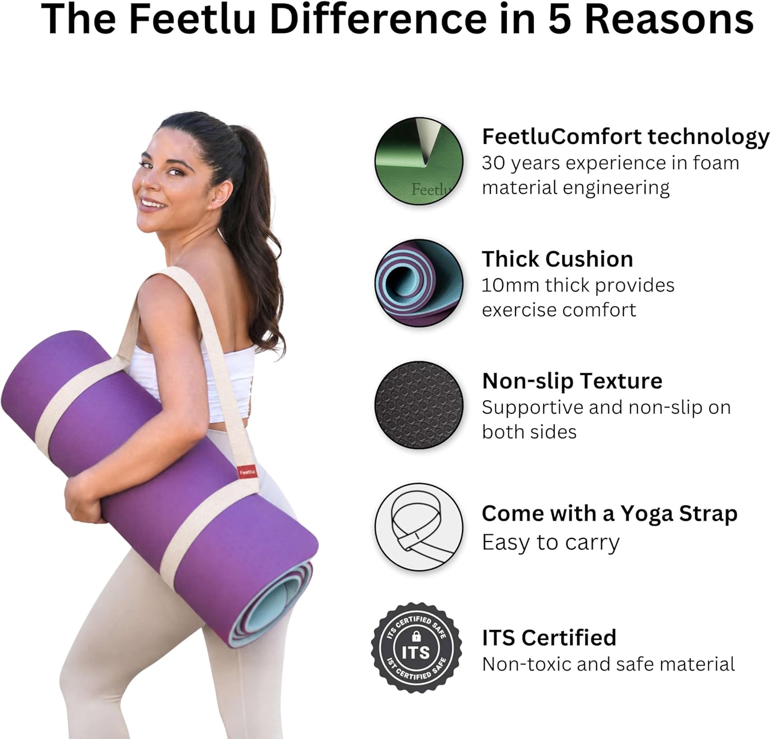Extra Thick Yoga Mat with Carry Strap, 10mm Non-Slip Exercise Mat, 72 x 24 Inch Cushioned Workout Mat for Yoga, Pilates, Stretching & Floor Exercises